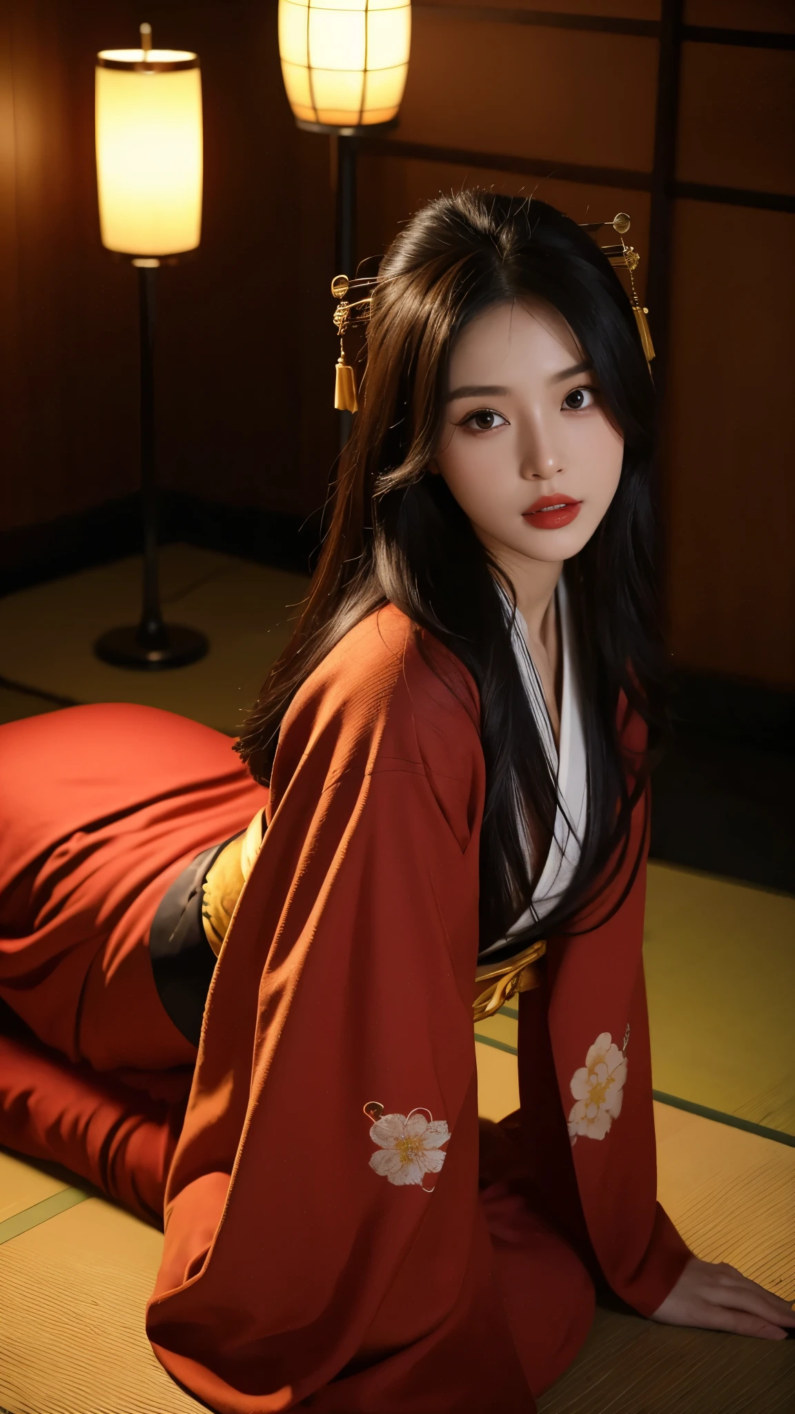 (Top image quality、8k、masuter piece:1.3))、(Realistic:1.2)、(1girl in)、20yr old、huge tit、darkened room、(night:1.2)、Are sleeping、(Deities々Bright luxury kimono:1.2)、(all-fours:1.2)、Straight black hair、long kimono、(Oiran:1.3)、Delicat eyes、双眼皮、(Very dark eyeliner)、red-lips、Soft breasts、delicated face