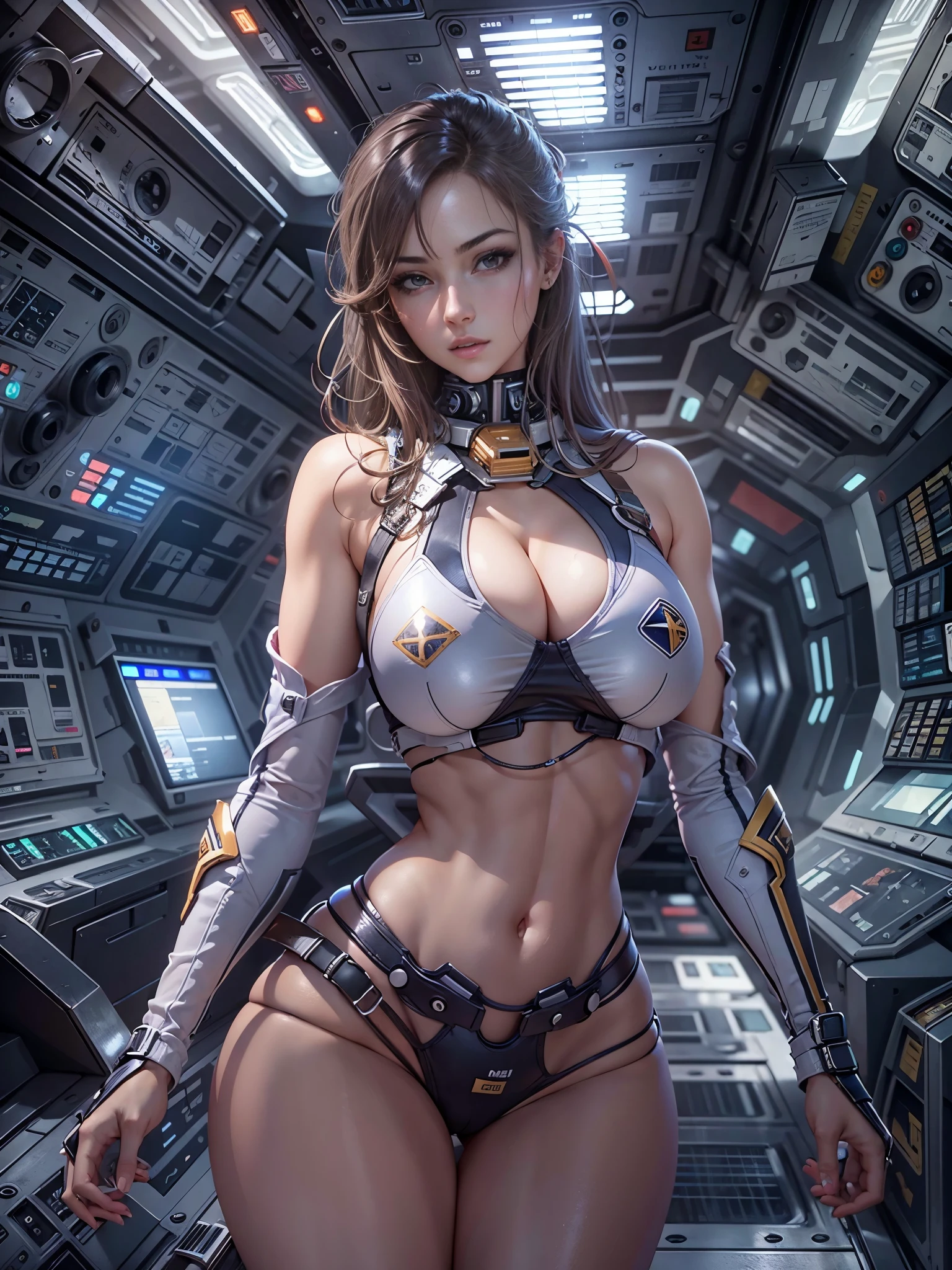 Masterpiece, art, young beautiful woman, flawless skin, smooth skin, very large firm breasts, perfect proportions, space cadet, in destroyed space station without light, dark, gloomy, bikini outfit, in the future, anime, sexy, ??????, UHD resolution, realistic detail, realistic reflections, realistic shadows, 3D,