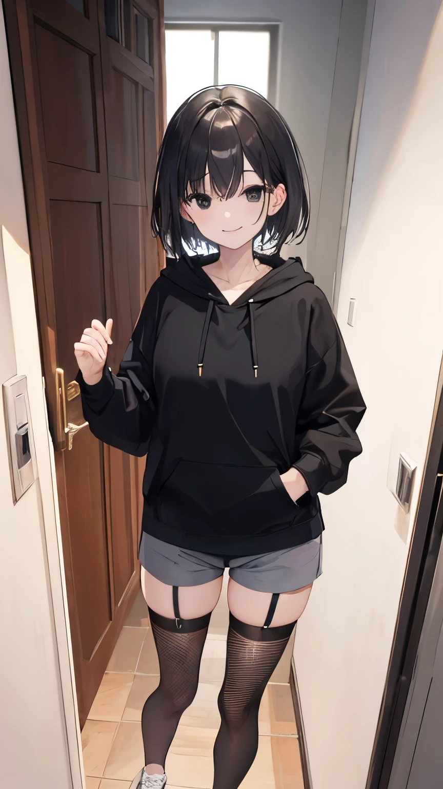 ((best quality)), ((masterpiece)), (detailed), standing in doors, portrait, black short chair, black eyes, smiling, black hoodie, shorts, white sneakers, view from front on scene, pov, daytime, sunlight, outside, fishnet stockings 