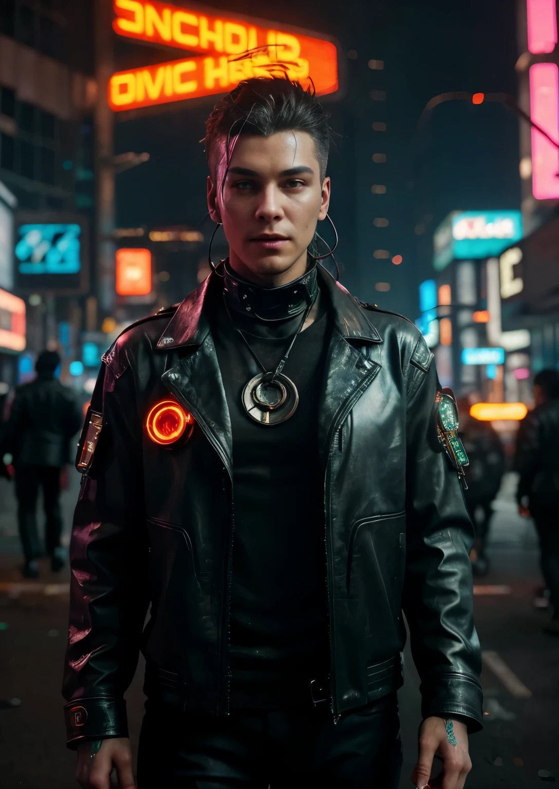 People with cyberpunk-style mechanized body parts stand out. His transparent skin reveals circuits and cables, His eyes glow with colorful LEDs. The limbs are a mixture of flesh and metal, Featuring advanced prosthetic and cybernetic interfaces. wearing the black leather jacket, The character is set in a dystopian urban setting,Surrounded by decaying skyscrapers. The image represents the fusion of humans and machines in a cyberpunk future world