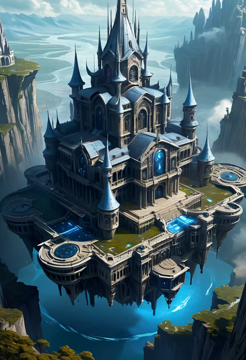 Top angle of view，Look down from above，isometric art，Huge high-tech floating medieval ancient palace，Futuristic alien warrior futuristic floating medieval ancient palace and futuristic futuristic floating medieval ancient palace background, Inspired by Marek Ocon, Beautiful sci-fi art, science fiction digital art插画, Digital Cyberpunk Art, science fiction digital painting, futuristic digital painting, futuristic concept art, Sci-fi floating medieval palace landscape ahead, science fiction digital art, 先进的Digital Cyberpunk Art, Amazing cyberpunk alien warriors