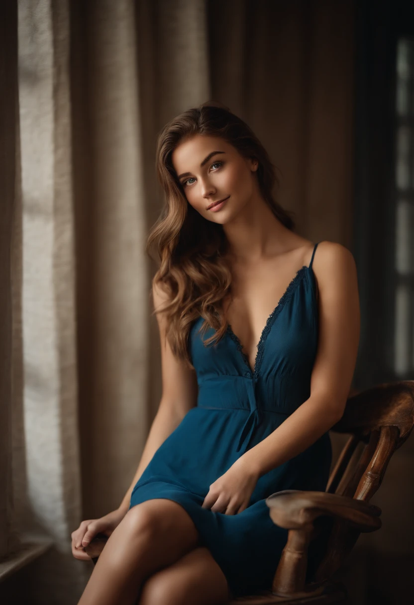 Portrait of a 18 year old girl, posing as a supermodel, instagram goddess, western, ultra realistic, beautiful nose, light brown hair with highlights and big eyes, no makeup, looking directly at the camera, dressed in a petrol blue shoulder dress uncovered, in a rocking chair, smiling, spectacular, beautiful lighting. (deep cleavage), photo shoot, (masterpiece), natural appearance, high resolution, extremely detailed background, skin with pores, cinematic lighting Completed, full body with legs