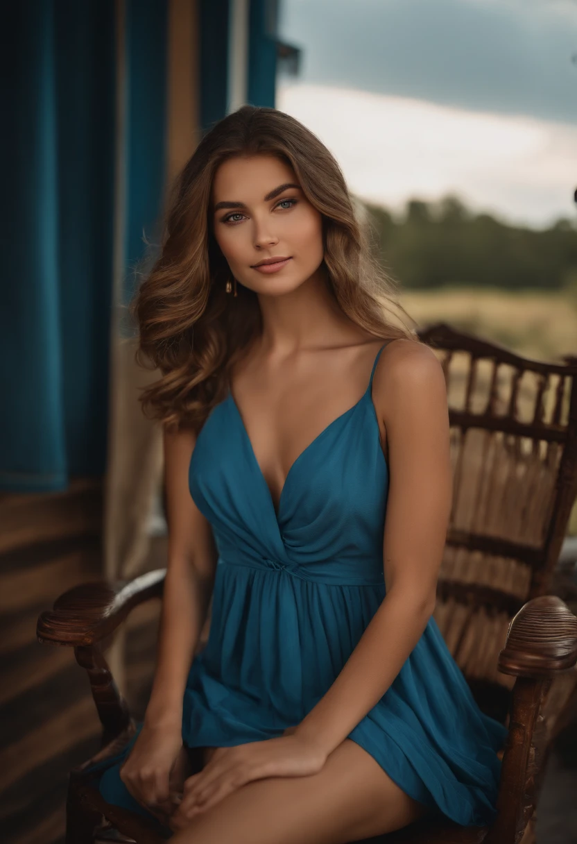 Portrait of a 18 year old girl, posing as a supermodel, instagram goddess, western, ultra realistic, beautiful nose, light brown hair with highlights and big eyes, no makeup, looking directly at the camera, dressed in a petrol blue shoulder dress uncovered, in a rocking chair, smiling, spectacular, beautiful lighting. (deep cleavage), photo shoot, (masterpiece), natural appearance, high resolution, extremely detailed background, skin with pores, cinematic lighting Completed, full body with legs