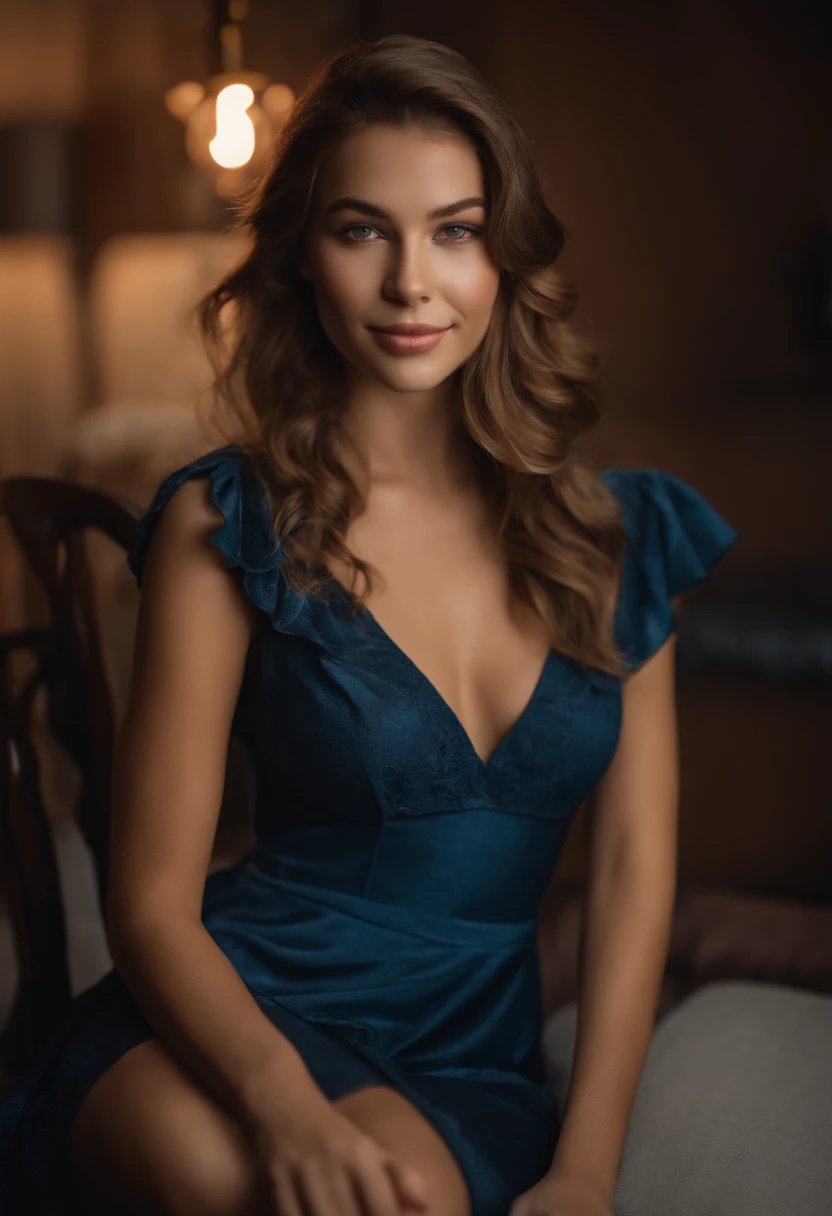 Portrait of a 18 year old girl, posing as a supermodel, instagram goddess, western, ultra realistic, beautiful nose, light brown hair with highlights and big eyes, no makeup, looking directly at the camera, dressed in a petrol blue shoulder dress uncovered, in a rocking chair, smiling, spectacular, beautiful lighting. (deep cleavage), photo shoot, (masterpiece), natural appearance, high resolution, extremely detailed background, skin with pores, cinematic lighting Completed, full body with legs