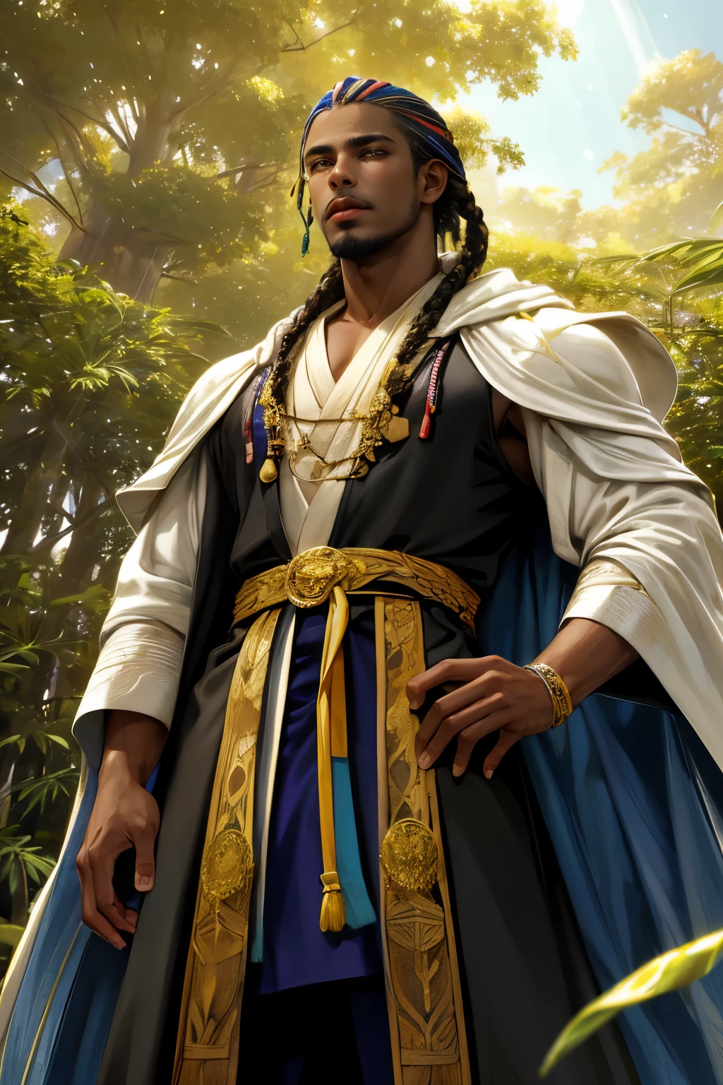 (absurdres, highres, ultra detailed, HDR), masterpiece, best quality, 1boy, dark-skinned Haitian man, long white cornrows, stubble, handsome face, yellow eyes, prince from snow white, (handsome(from below:1.1)) detailed exterior, detailed character, wearing open flowing multi-colored alchemist's robe, wearing raw sapphire and raw diamond rings, outside in dense cannabis indica tree forest during golden hour atmosphere
