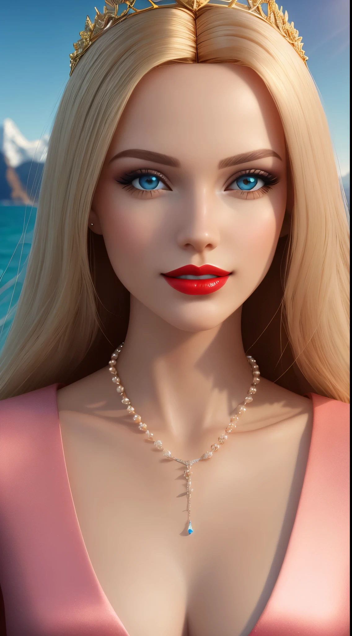 tall blond (Barbie) princess (doll) portrait, Delicate detailed face, animated, detailed white skin texture, long golden hair, (adorable), Clean, wide smile, glowing blue eyes, blue colored pupil, (silky pink robe), luxurious tiara, gloss, fresh flowers, (landscape), (ocean), mountains, pine forest, centered golden frame, center, diamond necklaces, pearls, Disney style, high resolution, official art, unreal-engine, high dynamic range, OctaneRender, (render), cinema4d, sun ray, porcelaine, looking at viewer, makeup, red lips, depth of field, from below, close-up, masterpiece, 8K, best quality, anatomically correct