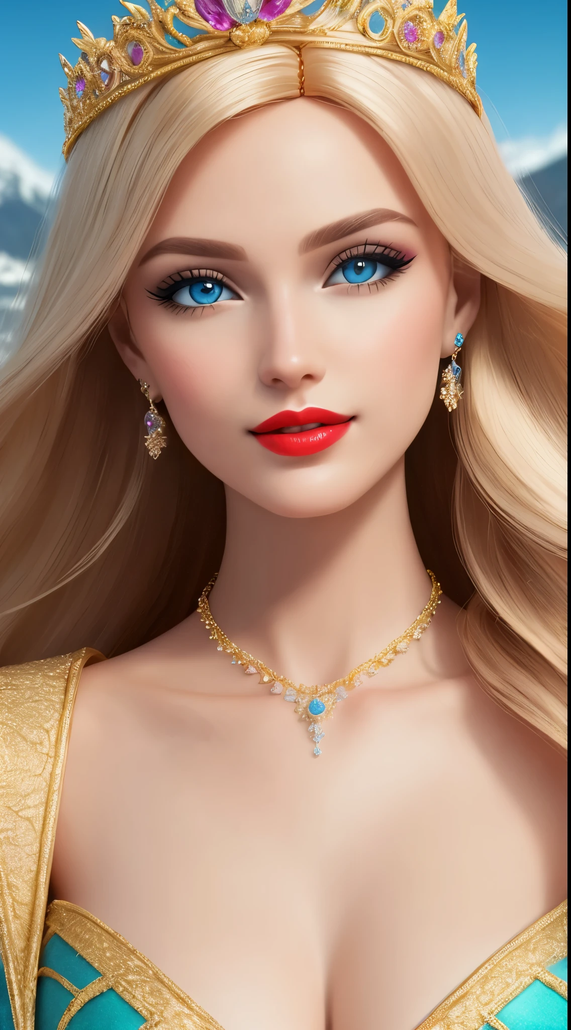 tall blond (Barbie) princess (doll) portrait, Delicate detailed face, animated, detailed white skin texture, long golden hair, (adorable), Clean, wide smile, glowing blue eyes, blue colored pupil, (silky pink robe), luxurious tiara, gloss, fresh flowers, (landscape), (ocean), mountains, pine forest, centered golden frame, center, diamond necklaces, pearls, Disney style, high resolution, official art, unreal-engine, high dynamic range, OctaneRender, (render), cinema4d, sun ray, porcelaine, looking at viewer, makeup, red lips, depth of field, from below, close-up, masterpiece, 8K, best quality, anatomically correct