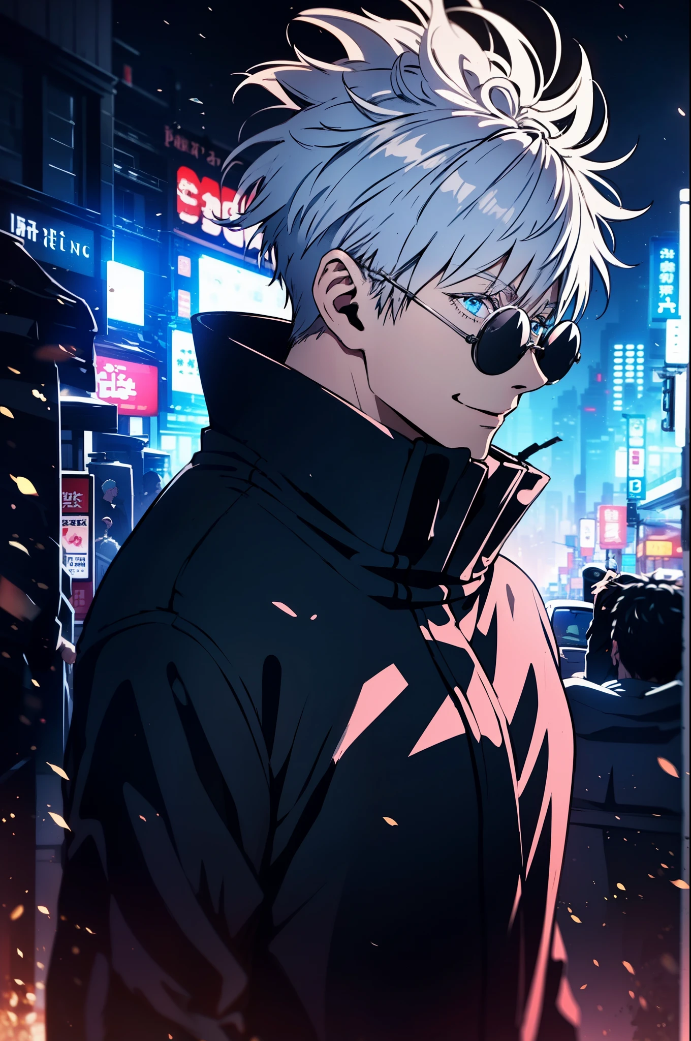 ruined, 1guy, self, epic composition, city ​​street, Japan, deserted street, the night, flashing in the background, Red and blue color, (tmasterpiece, beste-Qualit: 1.2), male focus, 1boy, Gojo Satoru, round eyewear, Sunglasses, hands in pocket, blindfold, black jacket, (Masterpiece:1.3),(Best Quality:1.2),8K,absurdress,Unity 8K WallPapper,(Extremely detailed:1.3),supreme, hight resolution, Amazing, illustartion, Beautiful studio soft light, Stunningly beautiful, incredibly absurdres, Vivid details, Cinematic lighting, moody lighting, pixiv, Award-winning, Professional, Highly detailed, Gojo1, inform, looking a viewer, Smile, Short hair, 1boy, Standing, jacket, white colored hair, male focus,spiked hair, facing viewer, (red background:1.1), high collar, blindfold, (Magic:1.3), (aura:1.3),