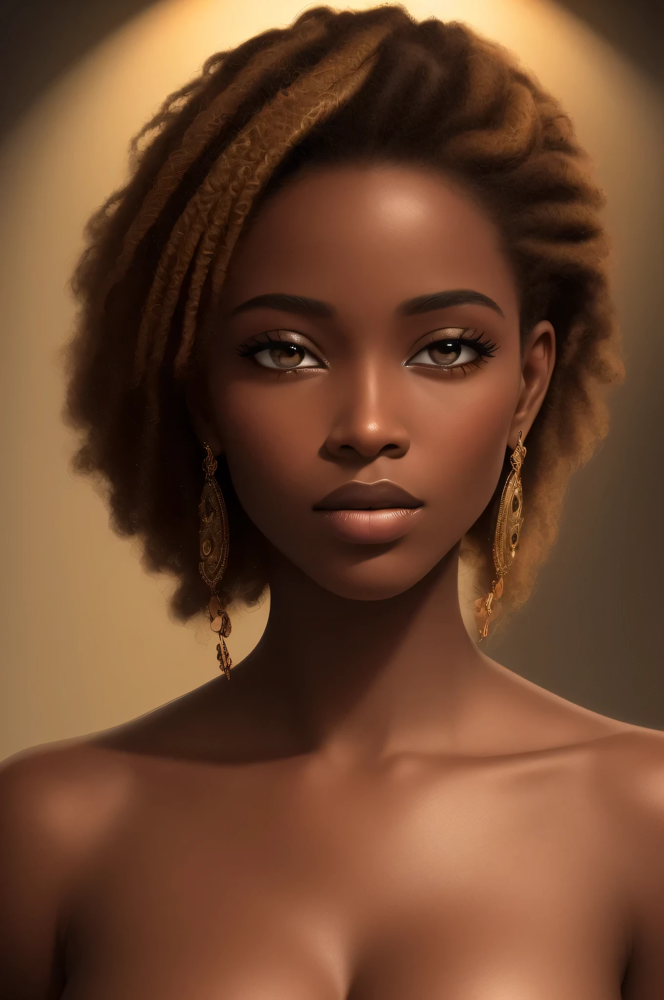 Best quality, 4k, 8k, high resolution, masterpiece : 1.2, ultra-detailed, (art, cartoon color : 1.37), HDR, thick lines, portraits, femme africaine, dark skin, elegant pose, courbes magnifiques, intricate details, elaborate hairstyle, traits faciaux fins, captivating eyes brown, full lips, contraste moyen, romantic lighting, couleurs vibrantes.