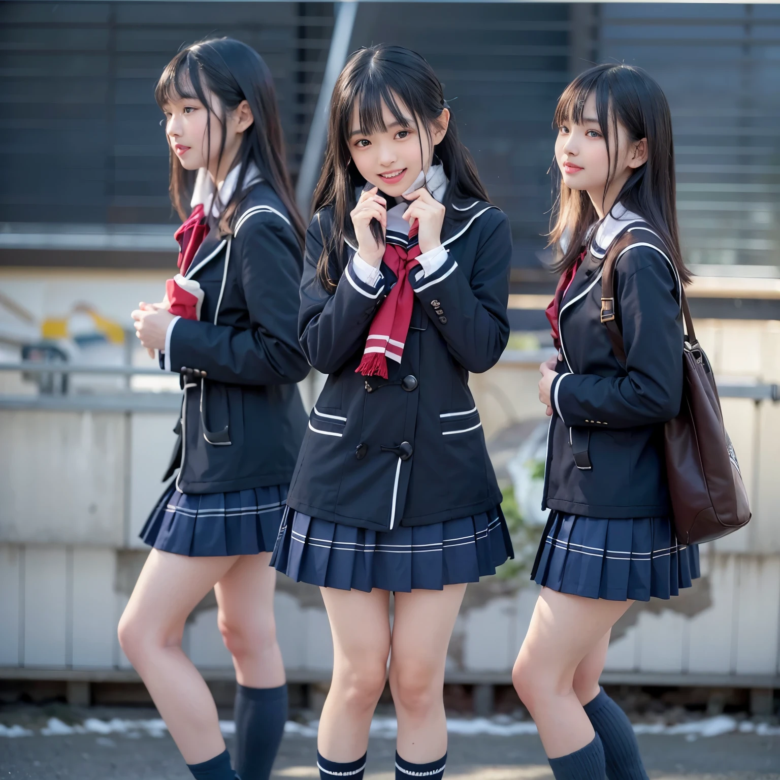masterpiece、highest quality、super realistic、surreal、Ultra high definition、8k、Raw photo、textured skin、A Nogizaka girl playing,(16 years old,medium bob hair,bangs,black hair,floating hair,slim,small face,chest is small,thin waist,small ass,smile showing teeth:1.5),(dark blue duffel coat、sailor school uniform、dark blue pleated skirt、super short skirt、burberry scarf、:1.2)、dynamic pose、snowy park、snowman、(Natural light、strong sunlight、Moving the chart, film grain、profile、profile、It's blurry、full body shot、very long shot、letterbox、negative space、Sigma 85mm F/1.4)、finder