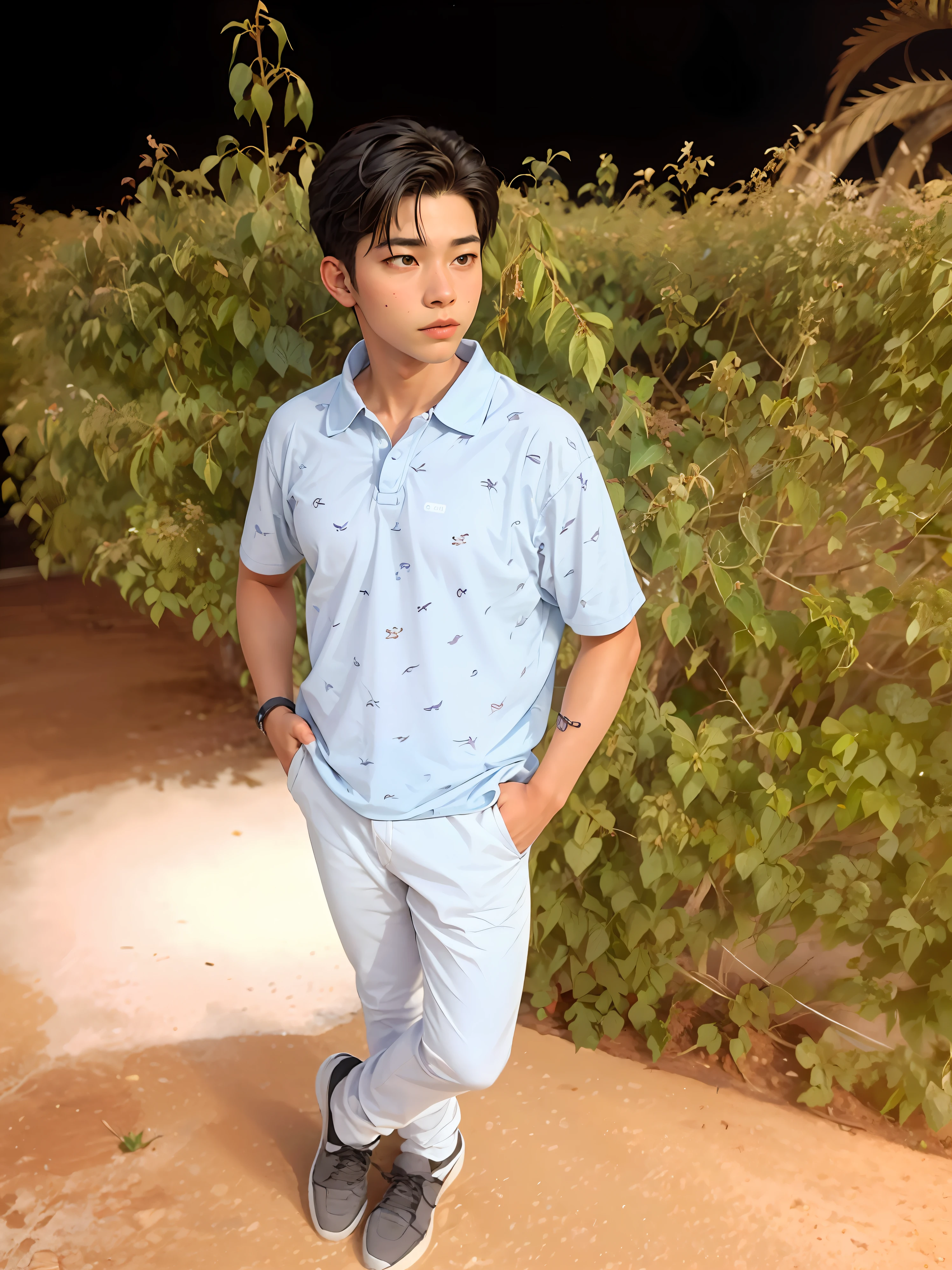 Firefighters in their 20s，With short black hair， ((Light blue short sleeves)), ((white short pants)), ((blue stylish sunglasses)), hight resolution, tmasterpiece, best qualtiy, Head:1.3,((Hasselblad Photo Grapp)), Fine fine skin, Clear focus, (Cinematic lighting),  dynamic angle, [:(Detailed face:1.2):0.2],(((exercise))), Sport, The muscles of the arm are very large, Hands in the crotch.