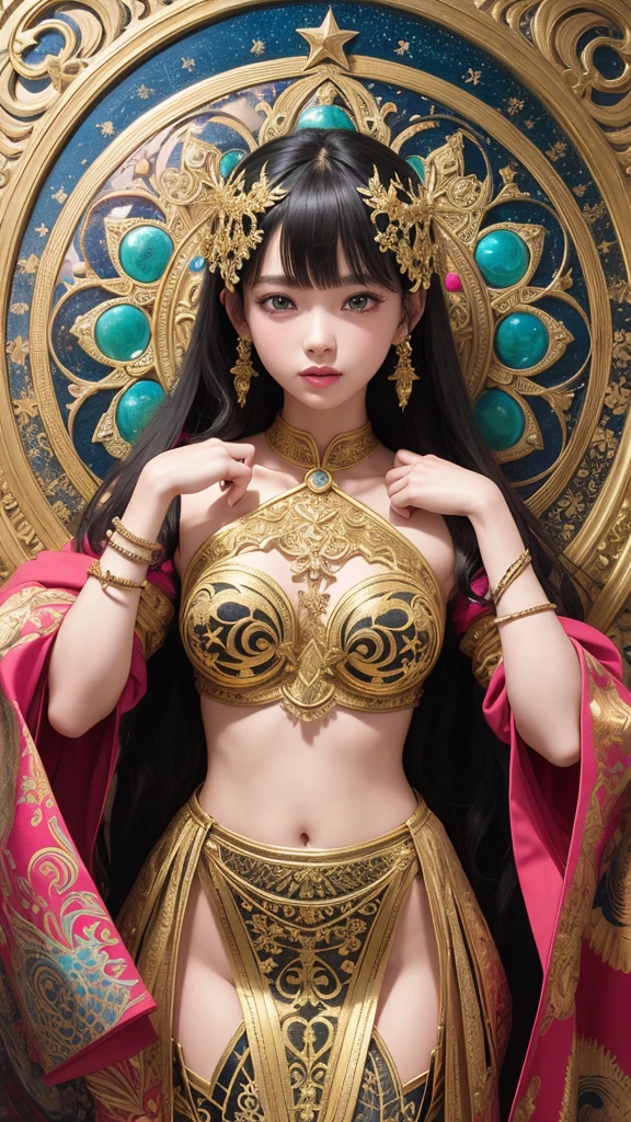 (masutepiece), Professional , masterpiece、top-quality、photos realistic , depth of fields (Gemstone Silver Metal Body:1.9),(Matte Pink、Particles of light、Jewel Gold Weapon(Jewel Metal Body:1.4),Gorgeous metal weapons , Detailed Sword of the Brave , Beautiful knife ,warhammer 40k , adepta sororitas,Detail and ornate jewel crown、Black hair、Gangle's forest background、Beautiful Caucasian beauty、1a person、dynamic ungle,(((Detailed and ornate diamond crown)))、Smaller head、A smile、Take a sexy pose、Background inside the castle、Thin and beautiful female hands、