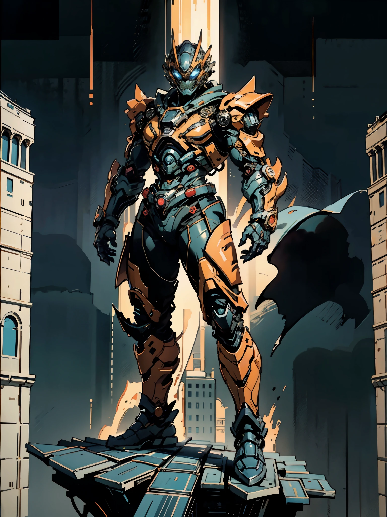 A super  a high-tech biotech battle suit, standing on a rooftop, looking over the city, Japanese tokusatsu and American comic style, biometallic texture of the suit, sleek and shiny, dynamic, fast, natural light, cinematic, high quality, high resolution, high detail, sophisticated design, dramatic, high definition, ultra-detailed, ultra-fine painting, extremely delicate, creativity, Natural light, cinematic lighting, best shadow, masterpiece-anatomy-perfect