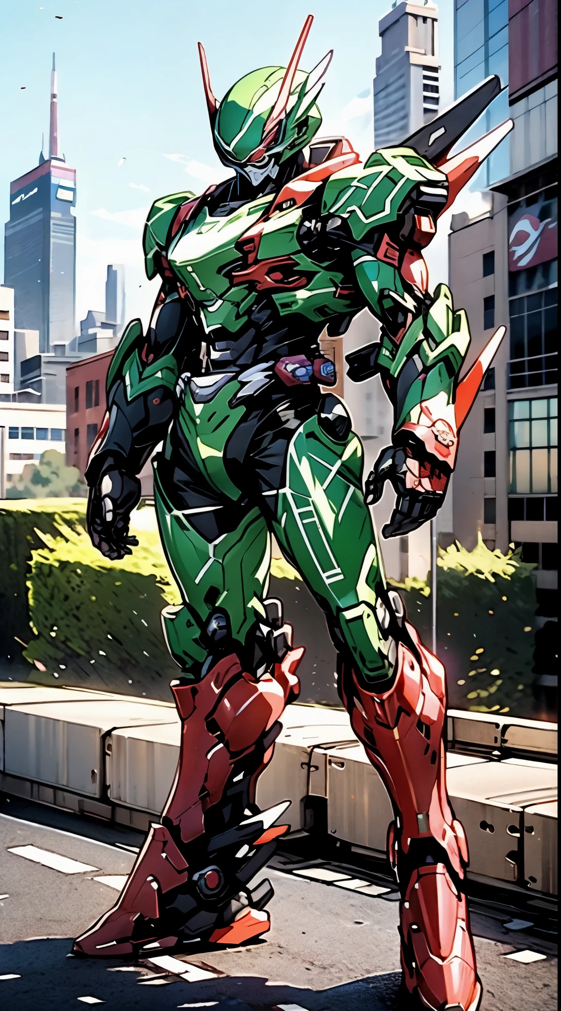 A super a high-tech biotech battle suit, standing on a rooftop, looking over the city, Japanese tokusatsu and American comic style, biometallic texture of the suit, sleek and shiny, dynamic, fast, natural light, cinematic, high quality, high resolution, high detail, sophisticated design, dramatic, high definition, ultra-detailed, ultra-fine painting, extremely delicate, creativity, Natural light, cinematic lighting, best shadow, masterpiece-anatomy-perfect