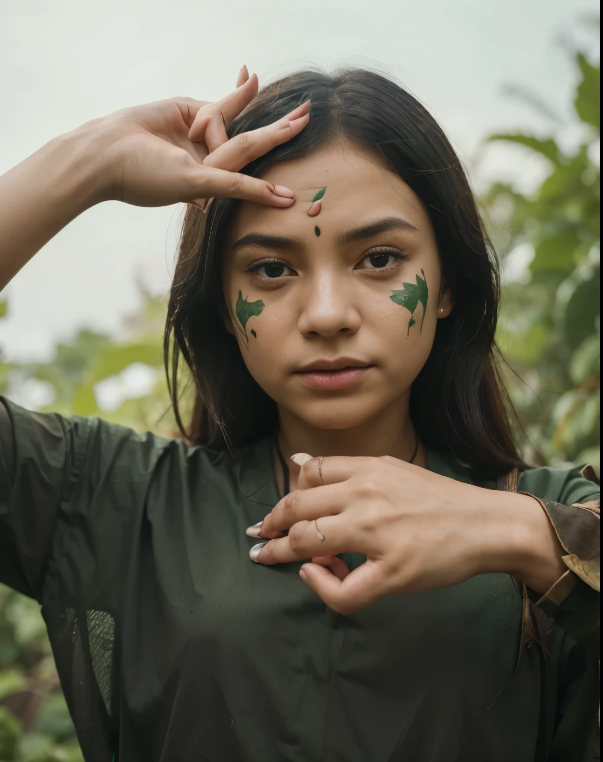 a girl with painted leaves on her face, unsplash photography, javanese mythology, greta thunberg as gollum, hand instead of a face, #green, conquering imbalance, trap made of leaves, girl with black hair, glyphs, gently caressing earth, marfan syndrome, banner
