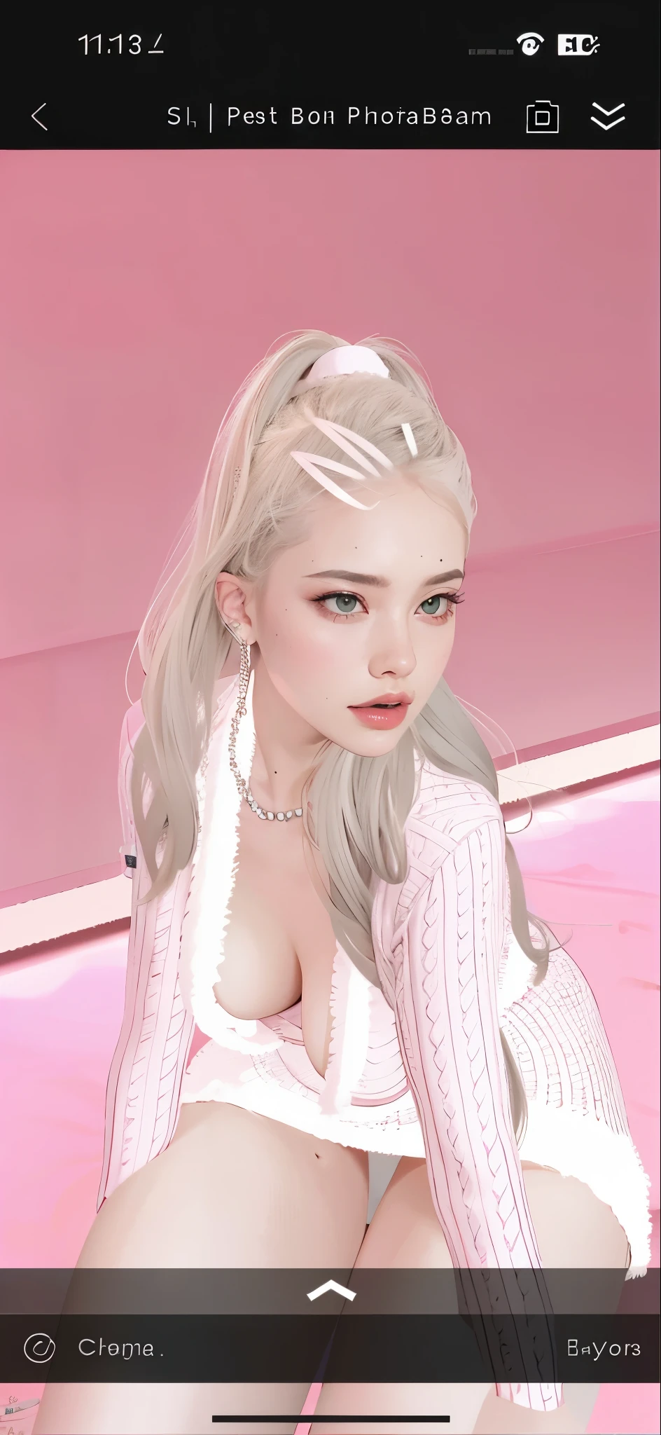 Hermosa piel detallada, cuerpo detallado, traje chanel rosa, collar de perlas,  gigantes 