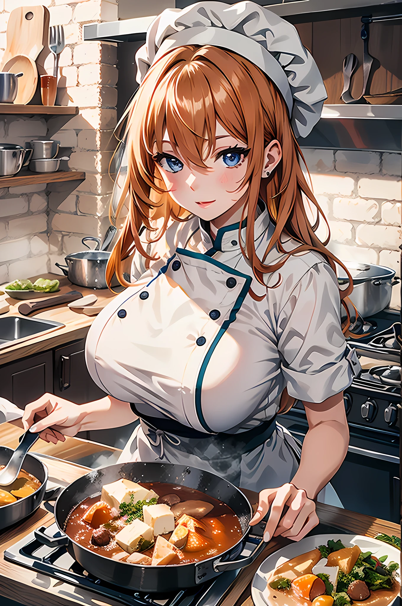 absurd, 8K, high resolution, ultra detailed, beautiful, masterpiece, best quality, very pretty woman, young, orange hair, chef (cook:1.6), chef, chef clothes, kitchen, (very big breasts:1.4), hair between eyes, detailed woman's face, very attractive, chef's hat, painful,