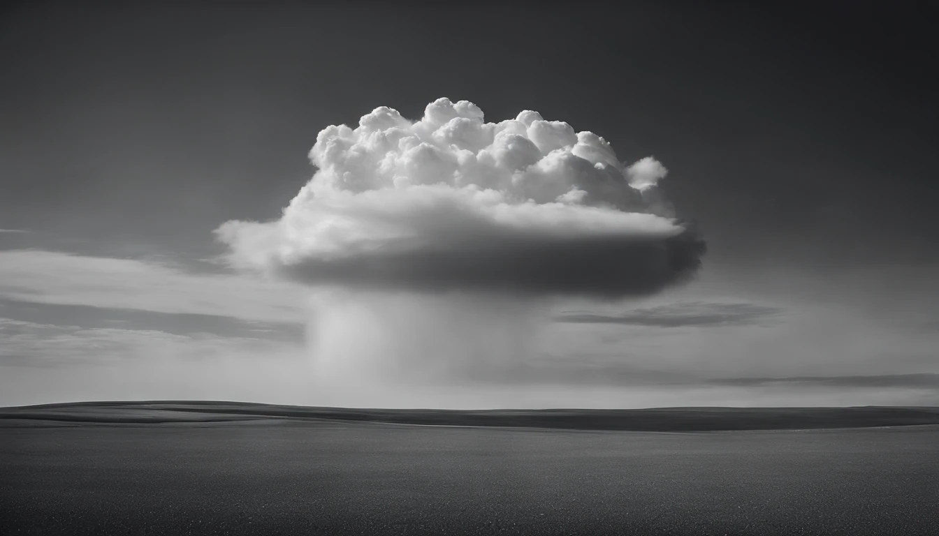 a minimalistic shot of a solitary cumulus nimbus cloud against a plain, monochromatic background, emphasizing its beauty and simplicity