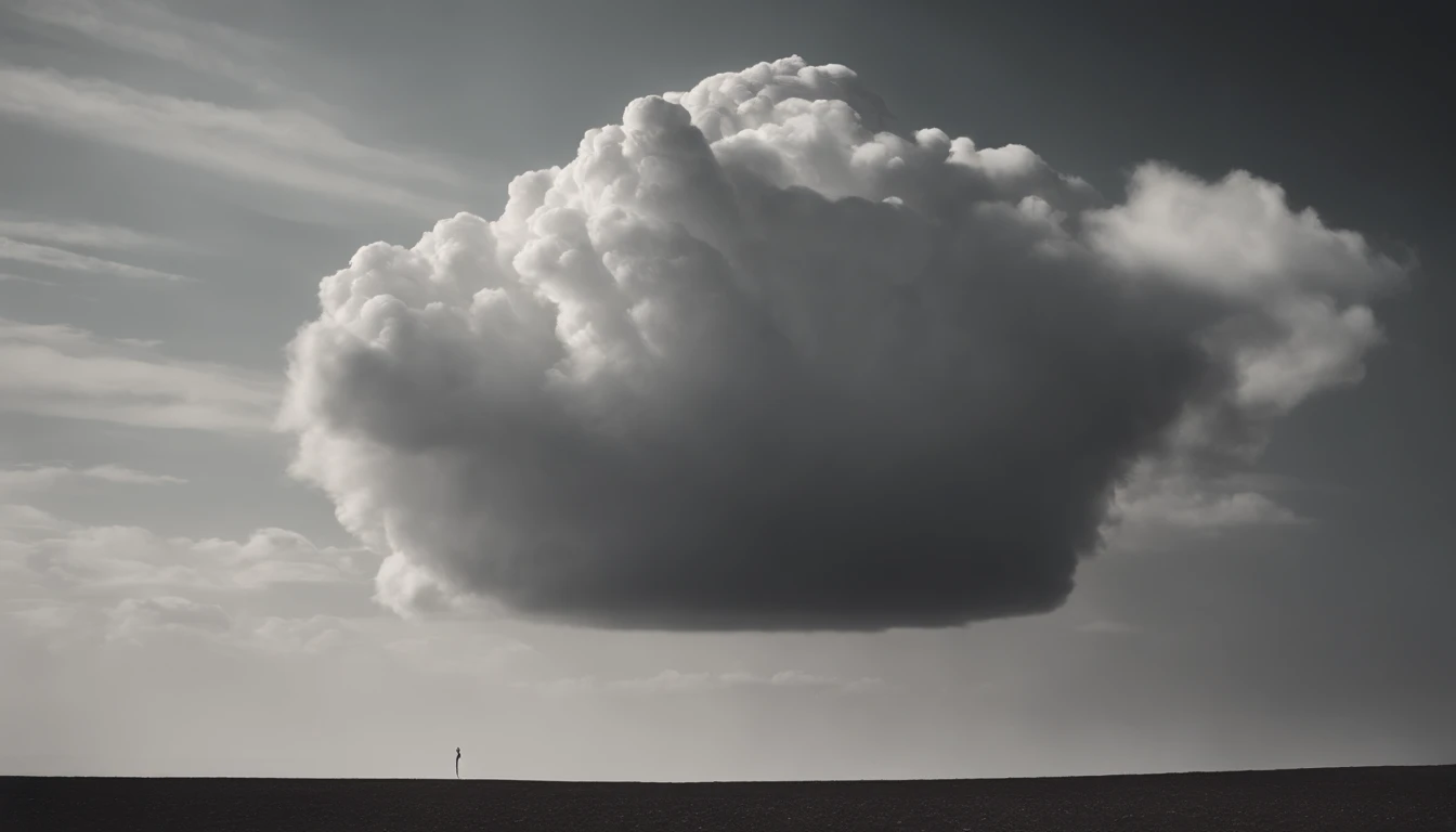 a minimalistic shot of a solitary cumulus nimbus cloud against a plain, monochromatic background, emphasizing its beauty and simplicity