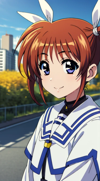 takamachi nanoha, 1 girl, twin tails, white ribbon, smile,
close, view viewer,
outdoors, cityscape,
