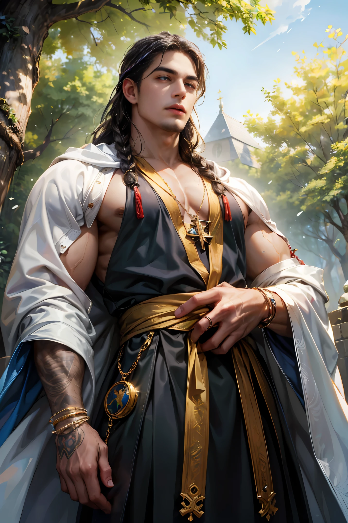 (absurdres, highres, ultra detailed, HDR), masterpiece, best quality, 1boy, dark-skinned Haitian man, long white cornrows, stubble, handsome face, yellow eyes, prince from snow white, (handsome(from below:1.1)) detailed exterior, detailed character, wearing open flowing multi-colored alchemist's robe with sleeves rolled up revealing magic rune tattooed forearms, wearing large chunky jeweled magical bracelets, outside in dense cannabis indica tree forest during golden hour atmosphere