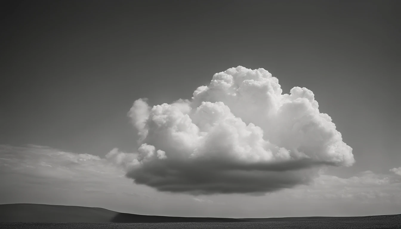 a minimalistic shot of a solitary cumulus nimbus cloud against a plain, monochromatic background, emphasizing its beauty and simplicity
