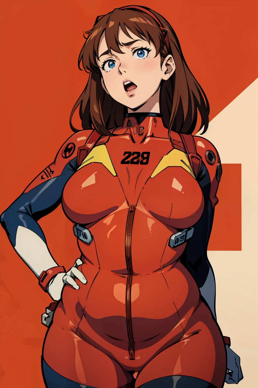 souryuu asuka langley, bodysuit, brown hair, rebuild of evangelion, 1girl, large breasts, hands on belly, red bodysuit, plugsuit, simple background, solo, (obesity:1.3), ((fat folds)), puffy face, ((fat rolls, fat belly)), neon genesis evangelion, lips, highres, looking at viewer, blue eyes, open mouth, interface headset,