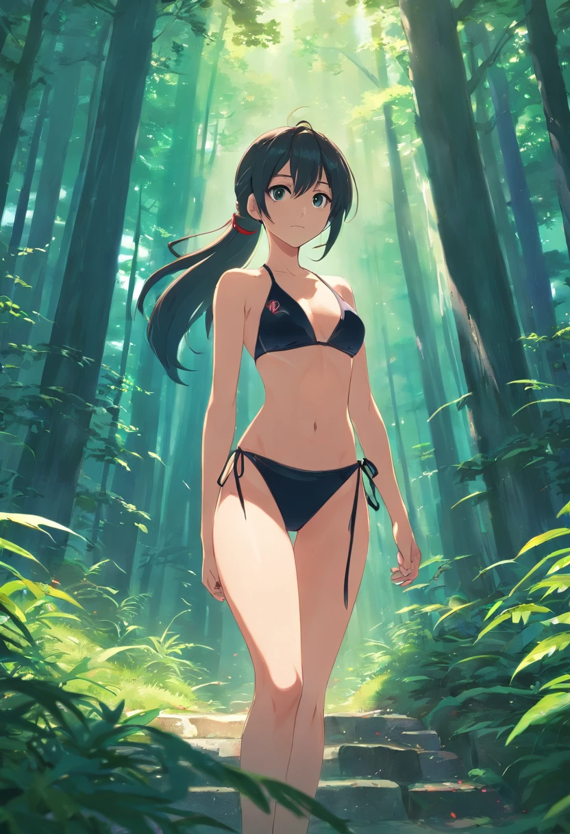 (best quality,highres:1.2),anime style,hair:long,ponytail,black bikini, bloodstains on the body... bloodstains on the bikini, bloodstains on the arms and legs, bloodstains on the body...deep in the dark forest