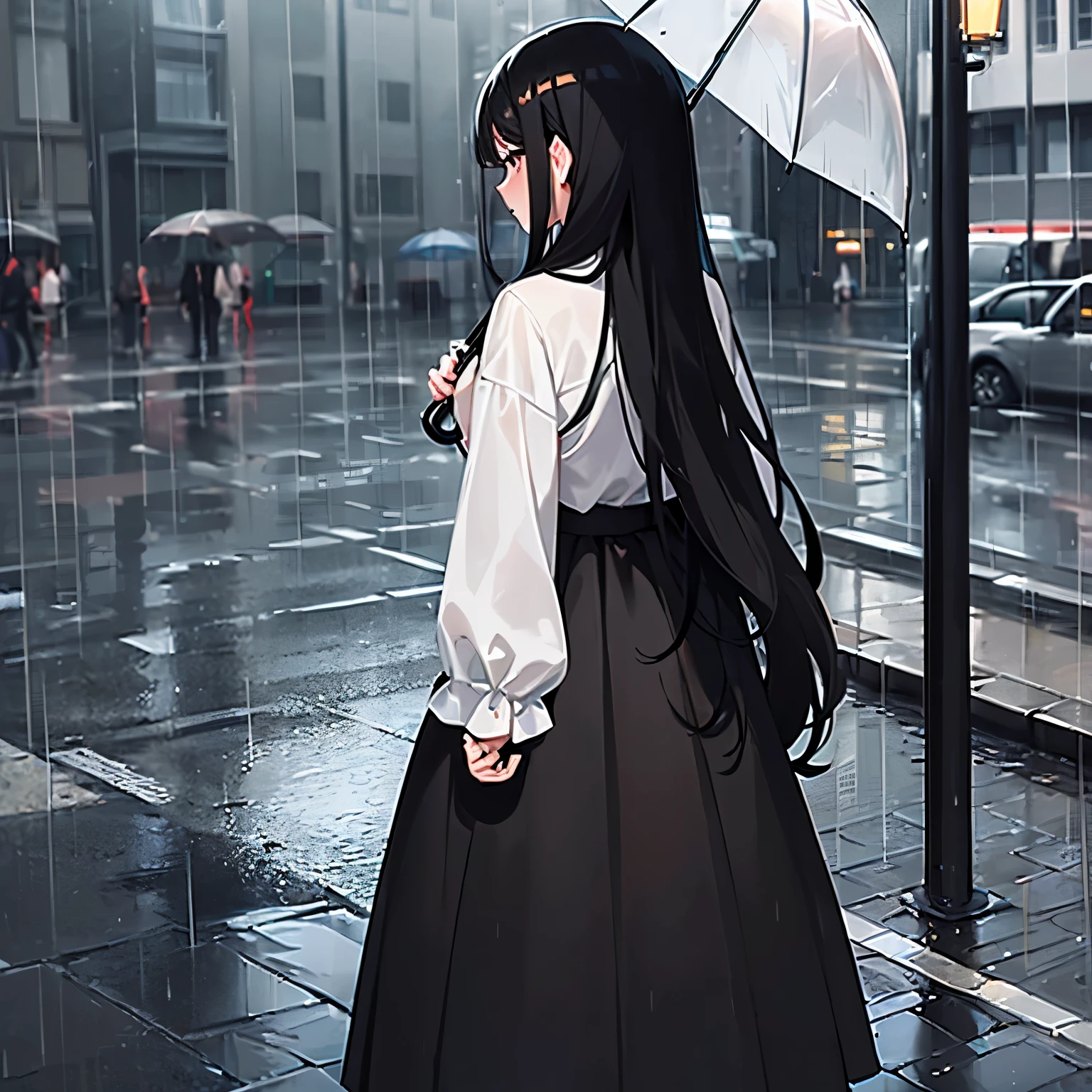 (masterpiece, best quality), ((1 girl, () long black hair，black long skirt，white lining），rainy day，An umbrella，On the sidewalk，one person，back view