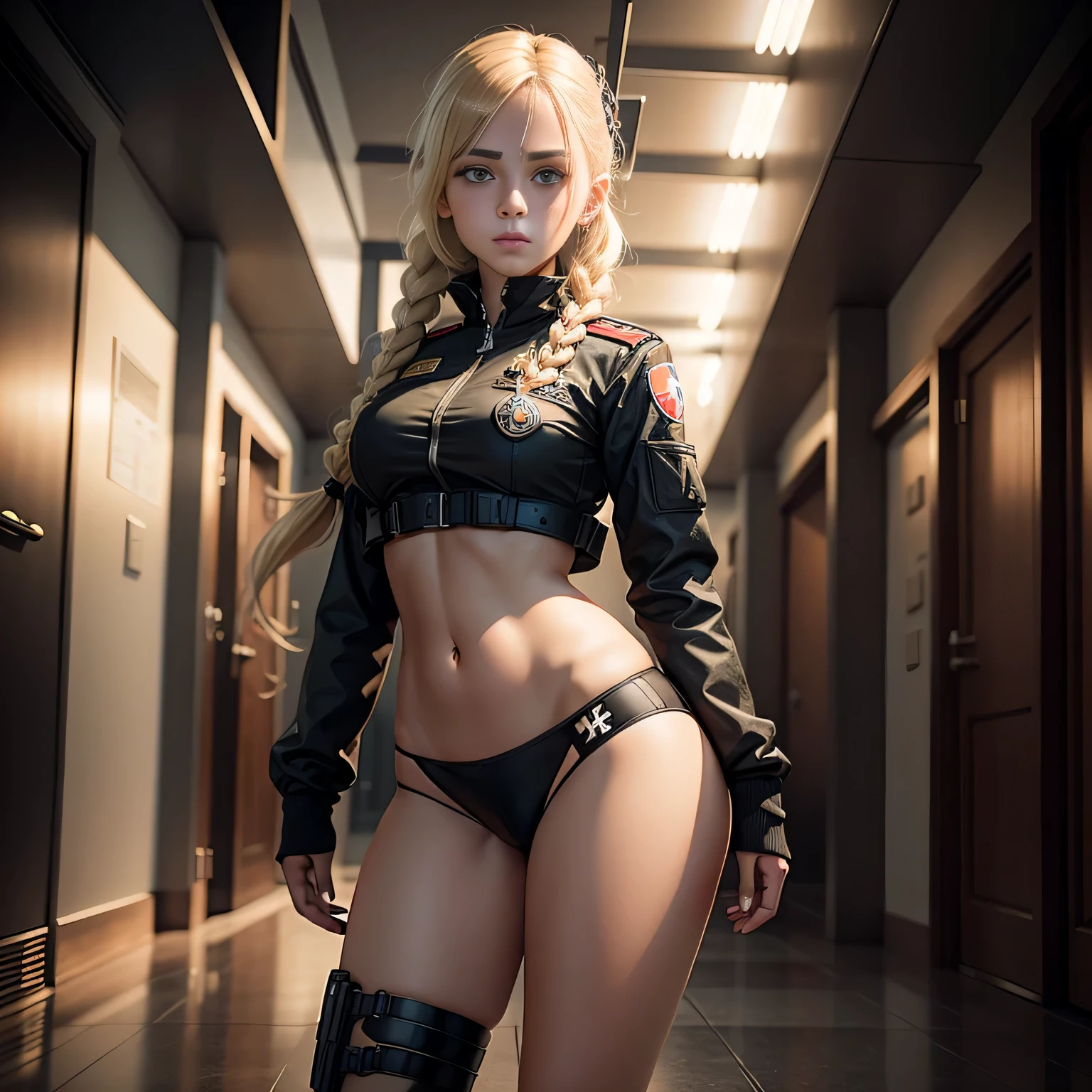 Destroyed aircraft carrier,nazi girl , nazi anime girls , , Germany,  Full body composition of young girl with messy bright braid blonde hair, eye make up, ,  Soft lighting, Solo,, badges, Pose, Blotch color, Octane Render, Hyperrealistic intricate detail, Cinematic, 8K resolution, 70mm, Accent Lighting, Global Illumination, Full body portrait, clean detailed faces, poneyTail,Cute face,, Slim legs,combat suit,long court,Battleship deck,