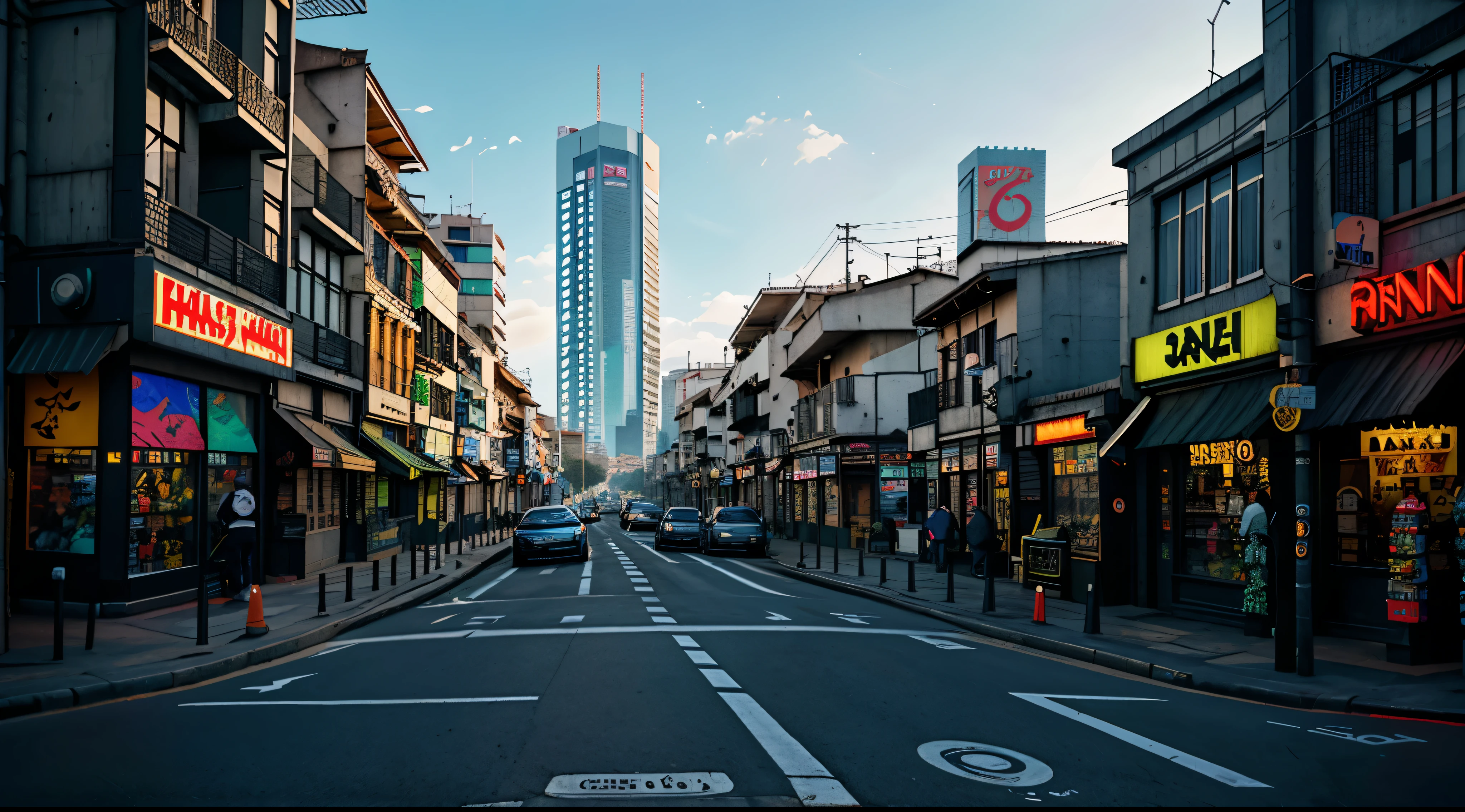 panoramic of a cyberpunk city from the street, tiendas, un puesto de revistas, la calle solitaria, 8k, antecedente de calidad 1.5, ultra realista, ultra detallado, foto realista