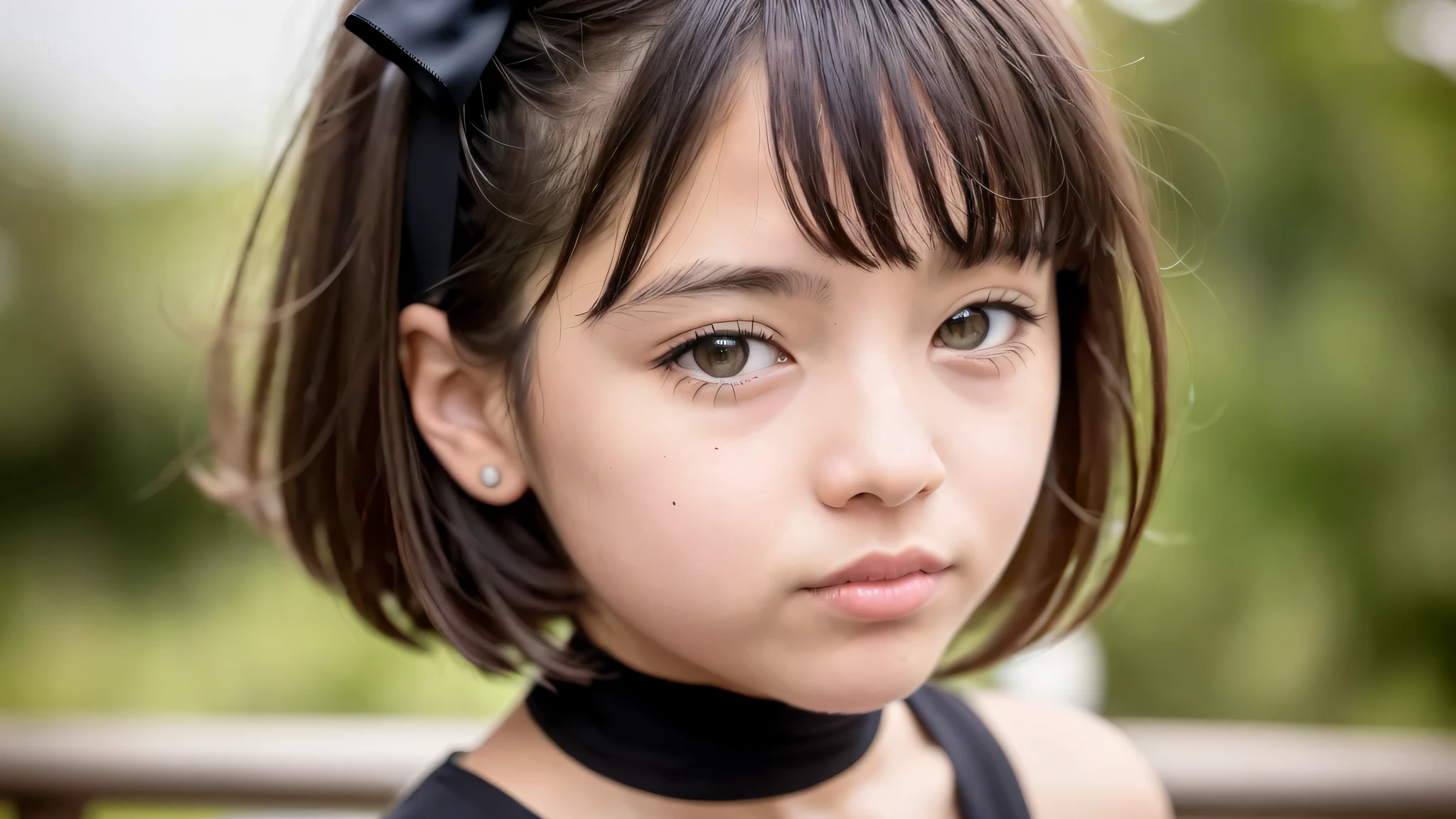 CHILD girl with a black bow and a black dress, com cabelo castanho escuro, meninaabelo castanho, fitas de cabelo preto, uma linda garota de idade, wearing hair bow, jovem girl, cabelos castanhos e olhos grandes, foto de meio comprimento, photo of jovem woman, jovem, beautiful girl, ela tem cerca de 1 6 anos de idade, There is a black bird sitting on a wooden rail, bico preto longo e grosso e brilhante, closeup of some corvos, cute corvos, corvos as a symbol of death, corvo, corvo bird, pega, corvo portrait!!!, black corvo, dark corvo, is looking at a bird, corvos, macho, corvo, bela foto, foto de retrato em close-up, orgulhoso olhando para longe, por Paul Bird