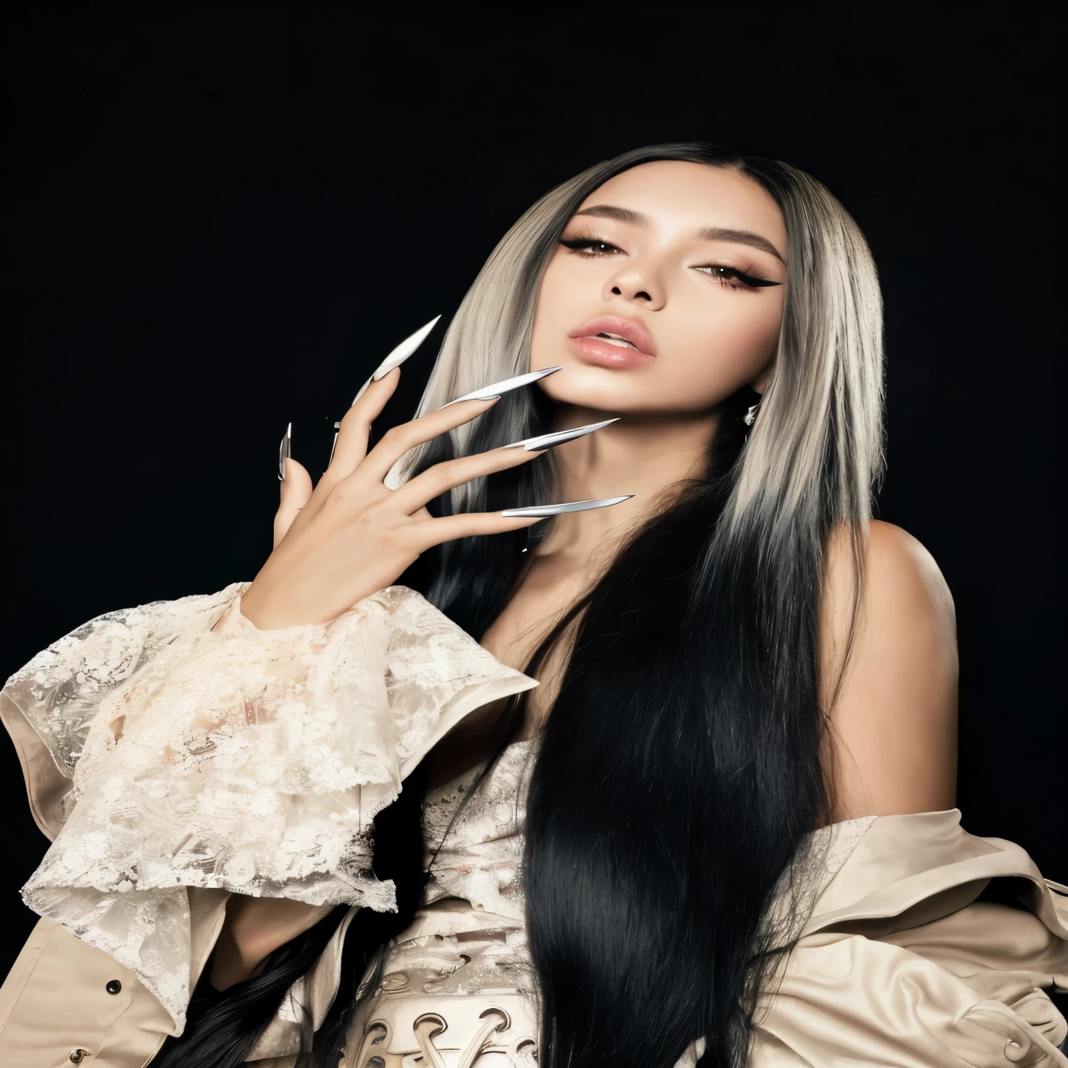 Arafed woman with long black hair and silver nails posing., how much, long garras, how much as cat woman, bella poarch, nails long, card b, Retrato de Sophie Mudd, nails long, with garras, ariana grande como sith, dedos largos, very nails long, garras, Photoshoot, Photoshoot, Adelante
