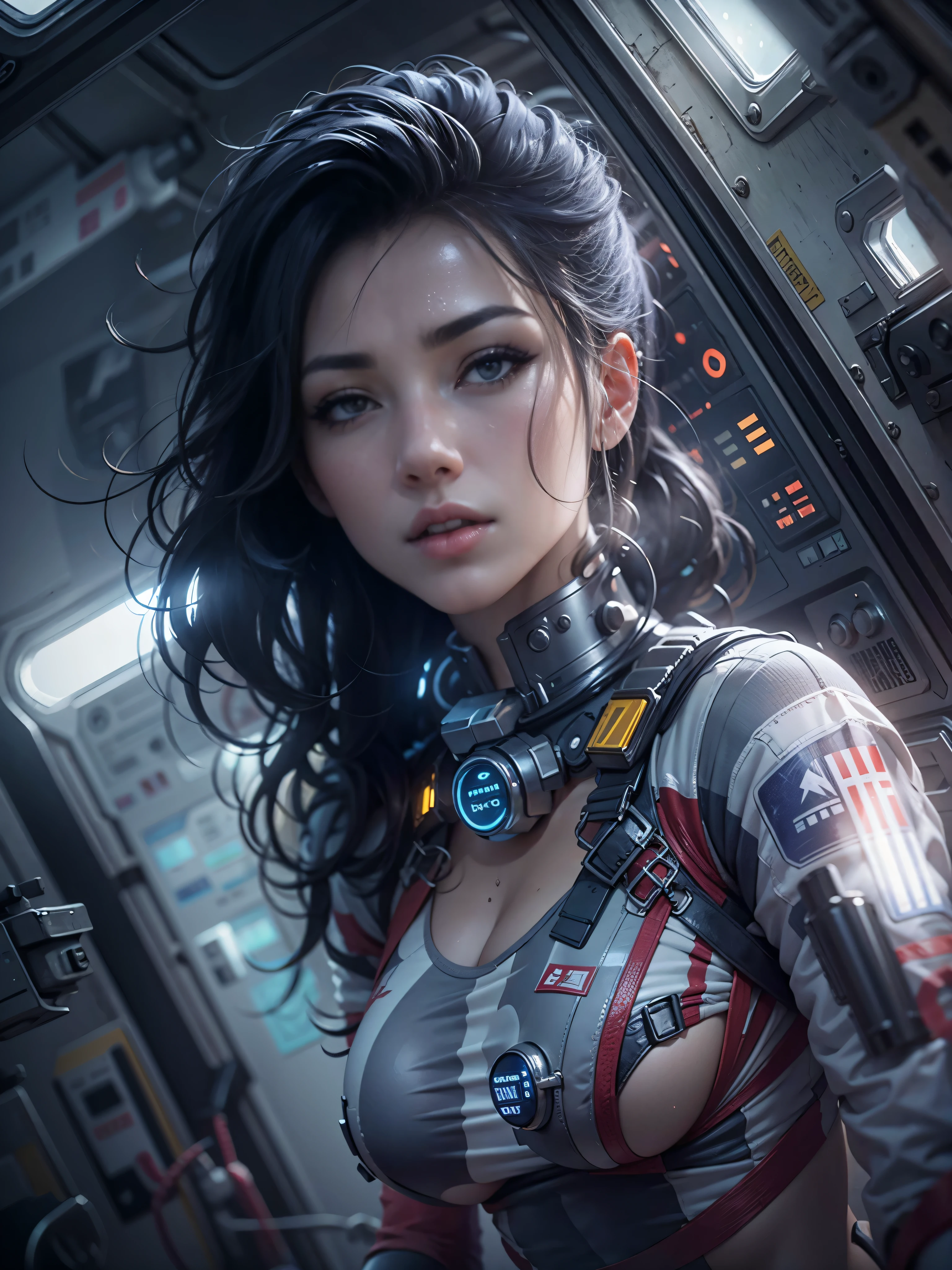 Masterpiece, art, young beautiful woman, flawless skin, smooth skin, very large firm breasts, perfect proportions, space cadet, in destroyed space station, hardly any light, fog, sparks, dark, gloomy, bikini outfit, in the future, anime, sexy, erotic, UHD resolution, realistic detail, realistic reflections, realistic shadows, 3D,