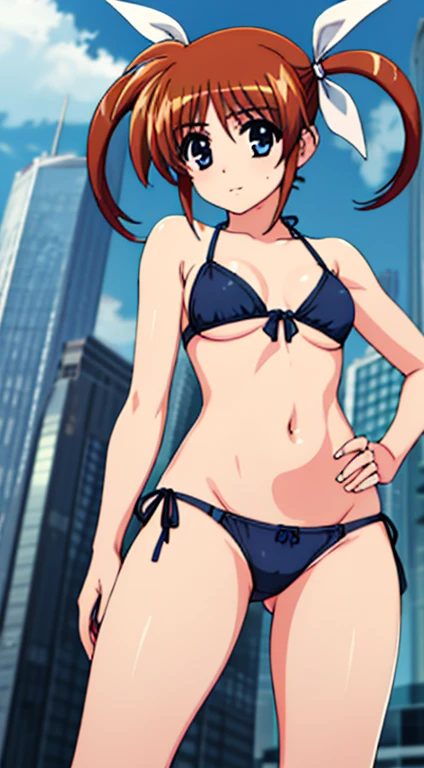 takamachi nanoha, 1 girl, twin tails, white ribbon, 
close, view viewer,expose underwear、Seduce,Outdoors exposing breasts, cityscape,flatter，String bikini
