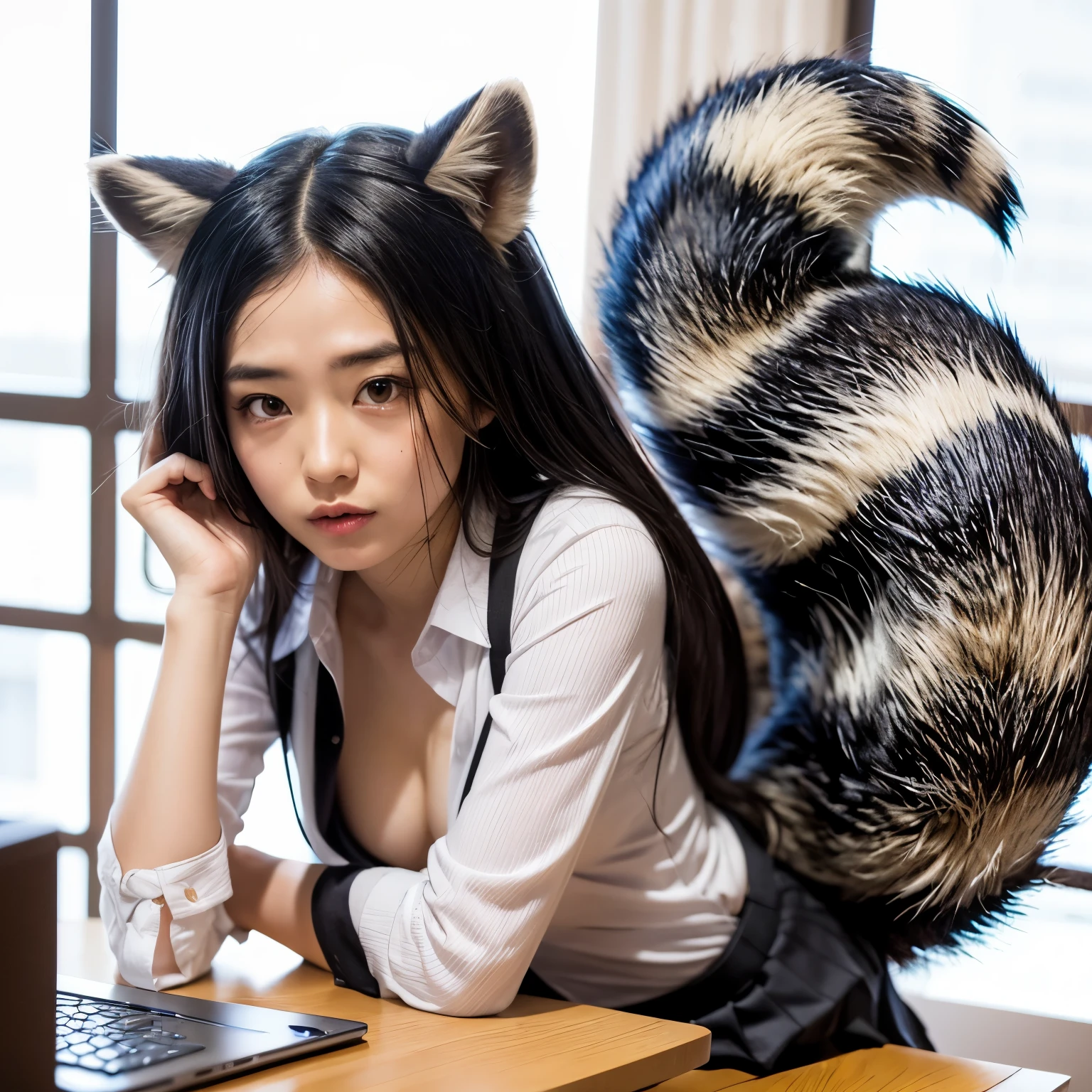 A woman with a raccoon tail resting her chin on the desk, A woman wearing a pleated miniskirt with a raccoon anal tail, anthropomorphic raccoon, beast, Reality, photograph, highest quality, Her pleated miniskirt is flipped up and her anal tail is visible.:1.5 ,Reality anal tail, small breasts, slender, white panties, anal tail, bushy tail, realistic tail, High floor office in Tokyo, flat chest:1.9, troubled look, look at the tail from the side