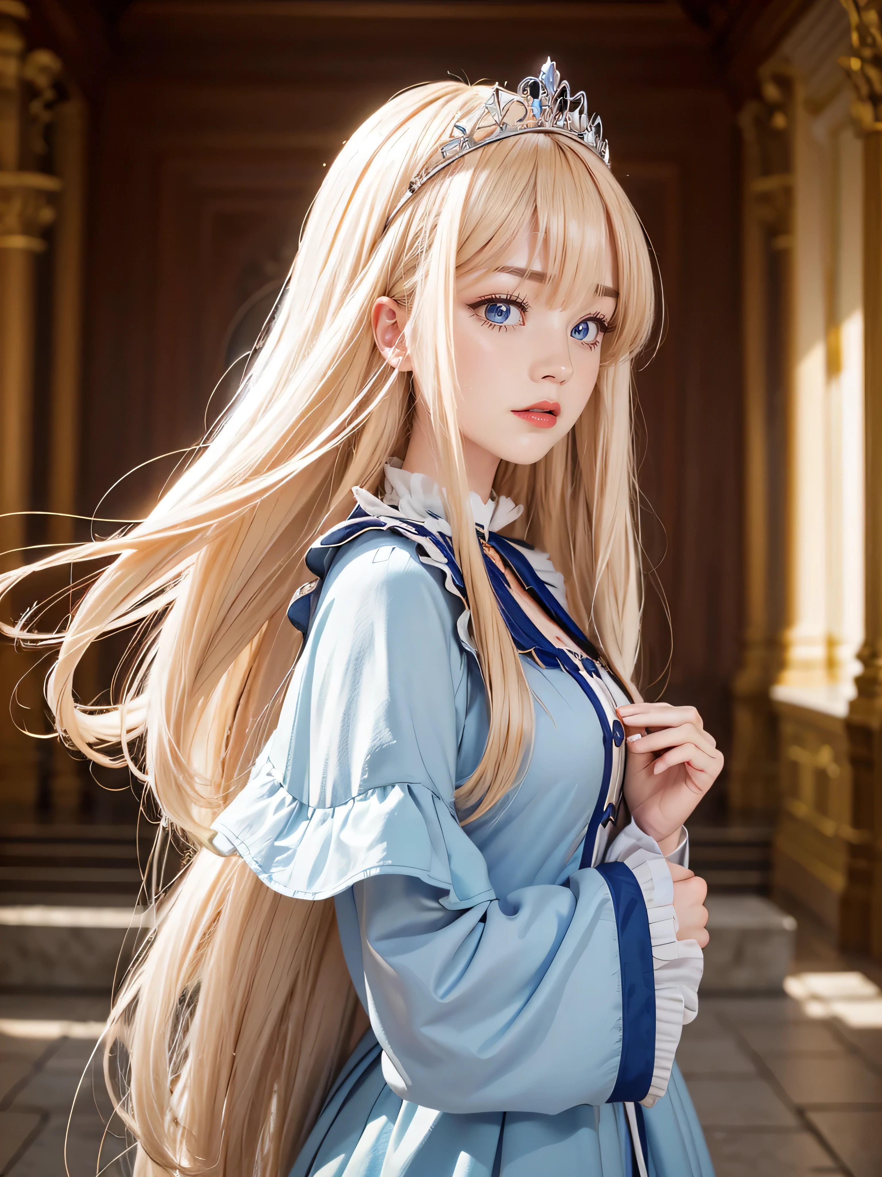 Raw Photography, High Resolution, Realistic, Masterpiece, 16 year old, Solo, Full Body Shot, European Castle, standing on corridors, Detailed cute and beautiful face, White shiny skin, (blunt blonde bangs:1.2), Blonde Super Long Straight Silky Hair, (finer hair:1.1), (Long Eyelashes:1.2) Cerulean Blue Eyes, Tiara, (from side looking at viewer:1.2), intricate hand details, perfect hands, good hands and fingers, (glossy red lips:1.2),