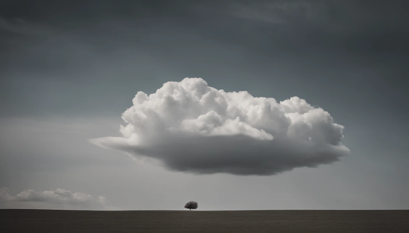 a minimalistic shot of a solitary cumulus nimbus cloud against a plain, monochromatic background, emphasizing its beauty and simplicity