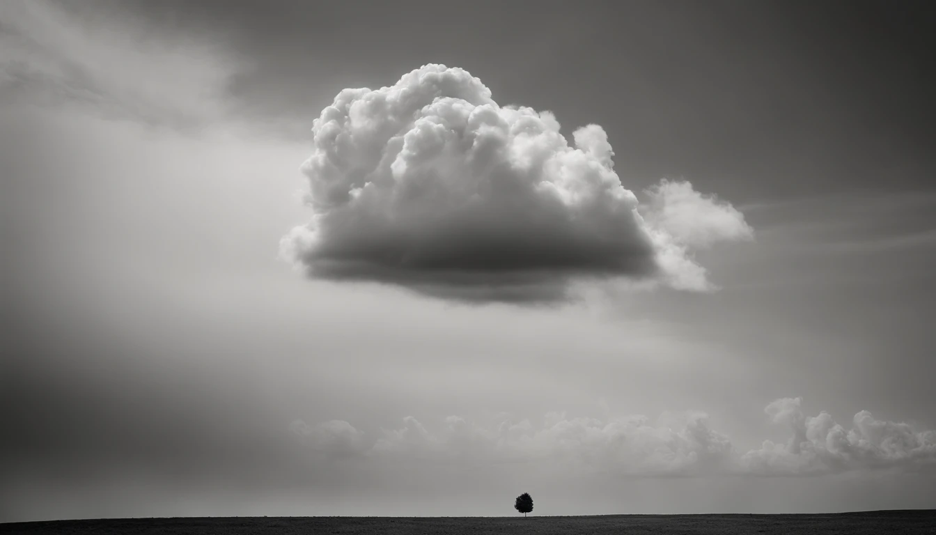 a minimalistic shot of a solitary cumulus nimbus cloud against a plain, monochromatic background, emphasizing its beauty and simplicity