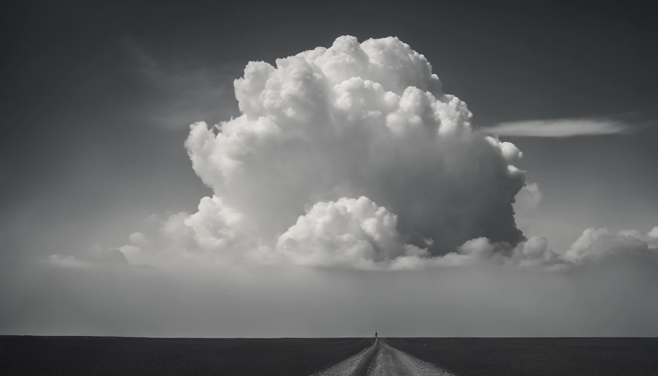 a minimalistic shot of a solitary cumulus nimbus cloud against a plain, monochromatic background, emphasizing its beauty and simplicity