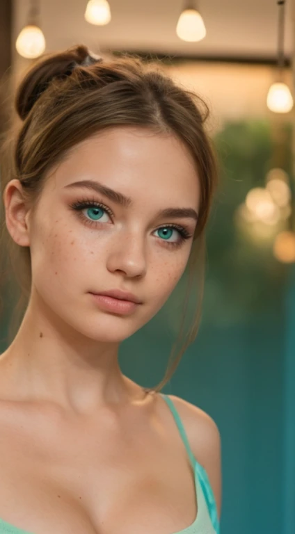 girl, really cute, pouty lips, perfect smooth skin, light make up, big green eyes, freckles., small thin nose, rosey cheek bones, very innocent looking, 4k ,8k, masterpiece, best quality, ultra detailed, ultra realistic, full body photo
