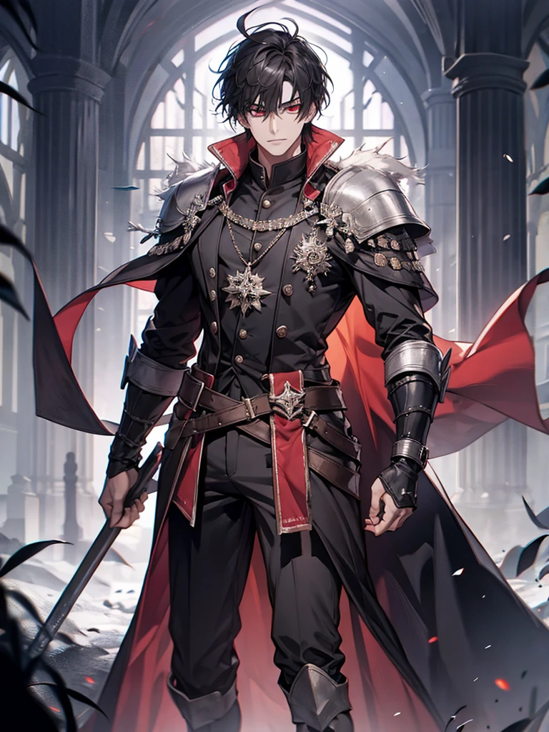 1 male, calm, face, tall, handsome, messy black hair with bangs, crimson red eyes, wearing black, in a dark forest, medieval fantasy, full body , big bulge