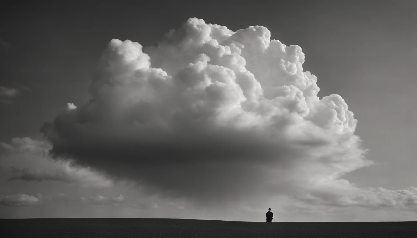 a minimalistic shot of a solitary cumulus nimbus cloud against a plain, monochromatic background, emphasizing its beauty and simplicity