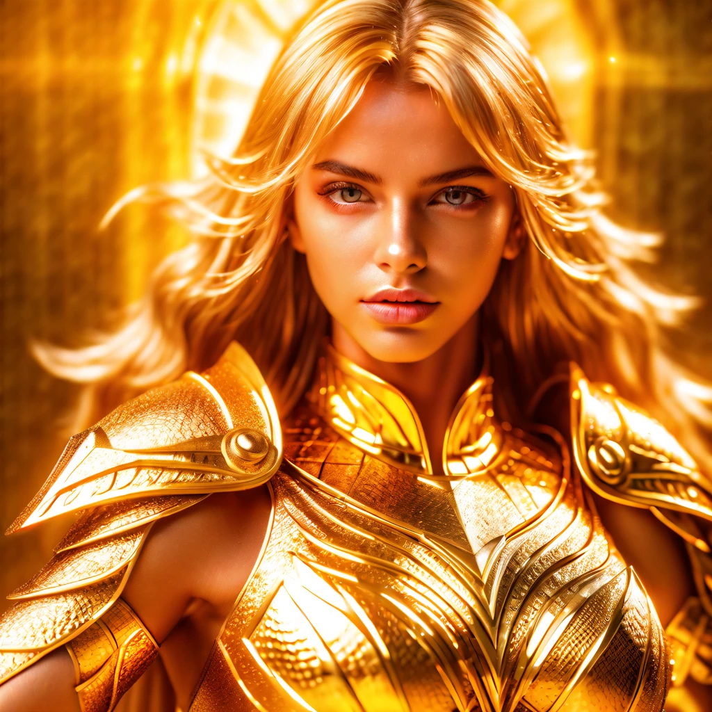 Knight of the Zodiac Aiolia de Leo, caveleira de ouro com capa branca, ataque na velocidade da luz, Saint Seya, (STYLE V-RAY!!!), (textura METAL REALISTA), CABELO REALISTA!!! (OURO BRILHANTE), (textura realista:2.0), (HDR:1.2), (4K), BLOND HAIR LONG, tiro de corpo inteiro!!!, camera low, TRAJE super detalhada ( ARMADURA), traje com pedras preciosas, ombreiras largas, mulher, rosto angelical, symmetrical face, seduzir, coxas musculosas definidas, fundo luzes sol, corpo inteiro, mostre as pernas de calcinha dourada brilhante relusente, olhos azuis sensuais, coxas BRANCAS, pernas, boca vermelha, olhos pequenos, nariz fino, (ETINIA ESLAVA), pele branca, 22 year old girl skin clean, pele branca, 22 year old girl skin clean, (OLHOS PERFEITOS!), hot girl, hot asARRIGA SENSUAIS!)
