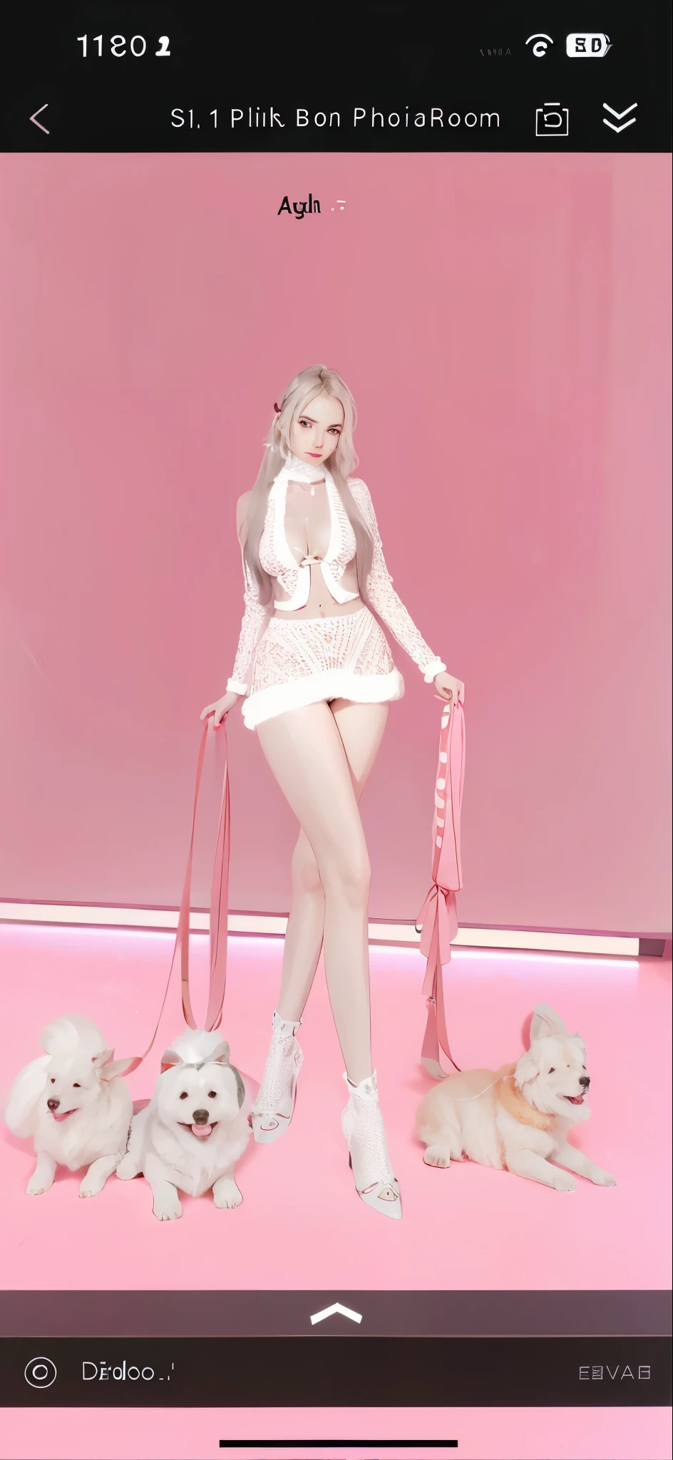 Hermosa piel detallada, cuerpo detallado, traje chanel rosa, collar de perlas, pechos gigantes , mujer paseando con una correa tres perros adorables