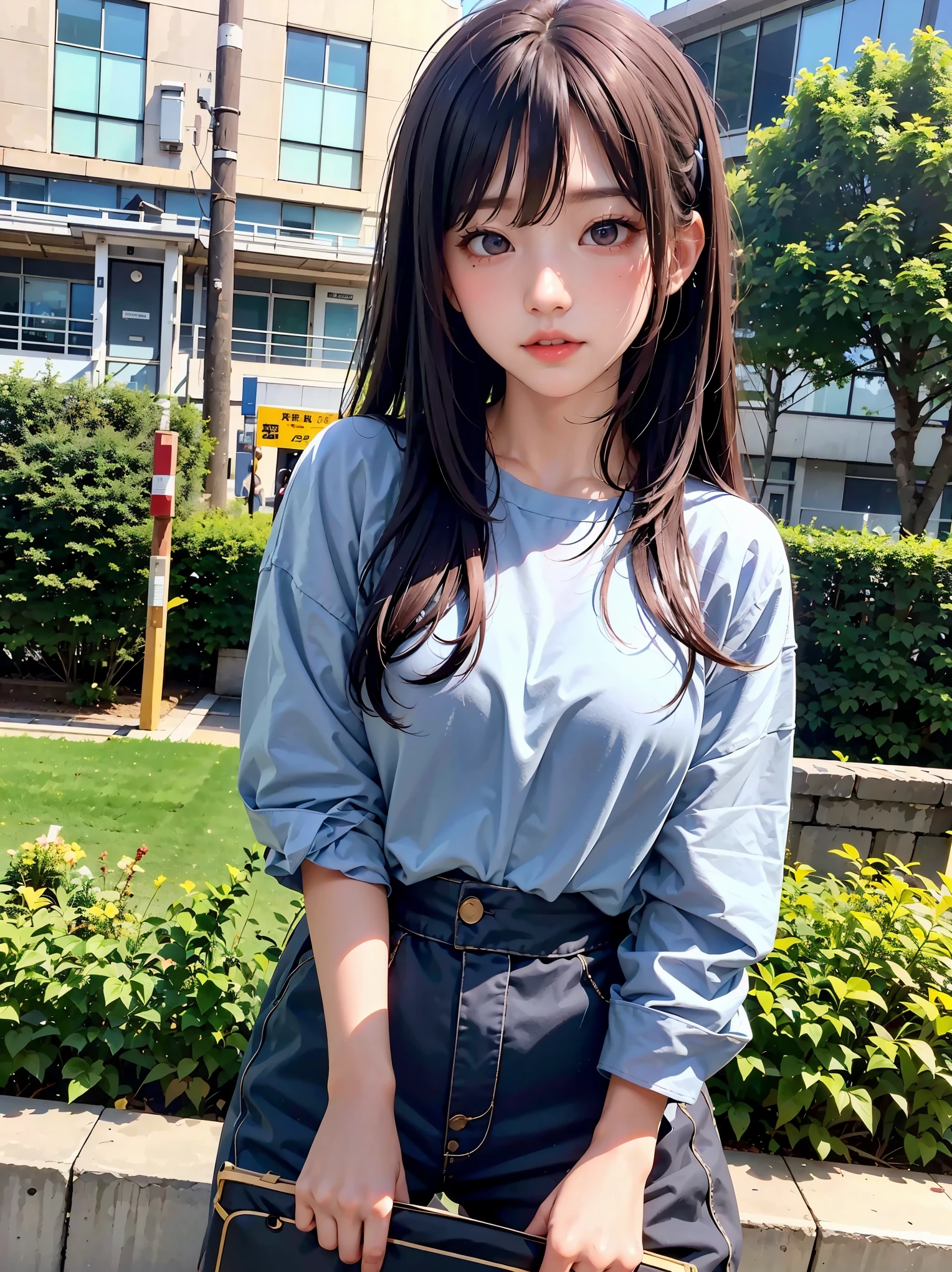 masterpiece、High resolution、detailed skin、detailed eyes、high school girl、outside the school building、casual clothes、Dating