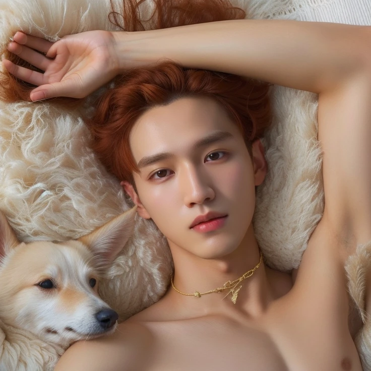 hay un hombre tendido sobre una alfombra blanca con un perro, , soft and pale skin, arafed asian man with orange hair and black shirt, Jiwoong Kim, Lee Know, pale korean male face, 20 year old man with thin face, un hombre guapo,pelo corto naranja, inspirado en Kim Jiwoong, pale skin curly copper hair, modelo masculimo, Kim Jiwoong, with pale skin, al estilo de Lee Know, very very very pale skin, grupo ZB1, grupo ZeroBaseOne, asian eyes, aegyosal, nariz masculina, cara masculina, pecas, asian eyes azules.