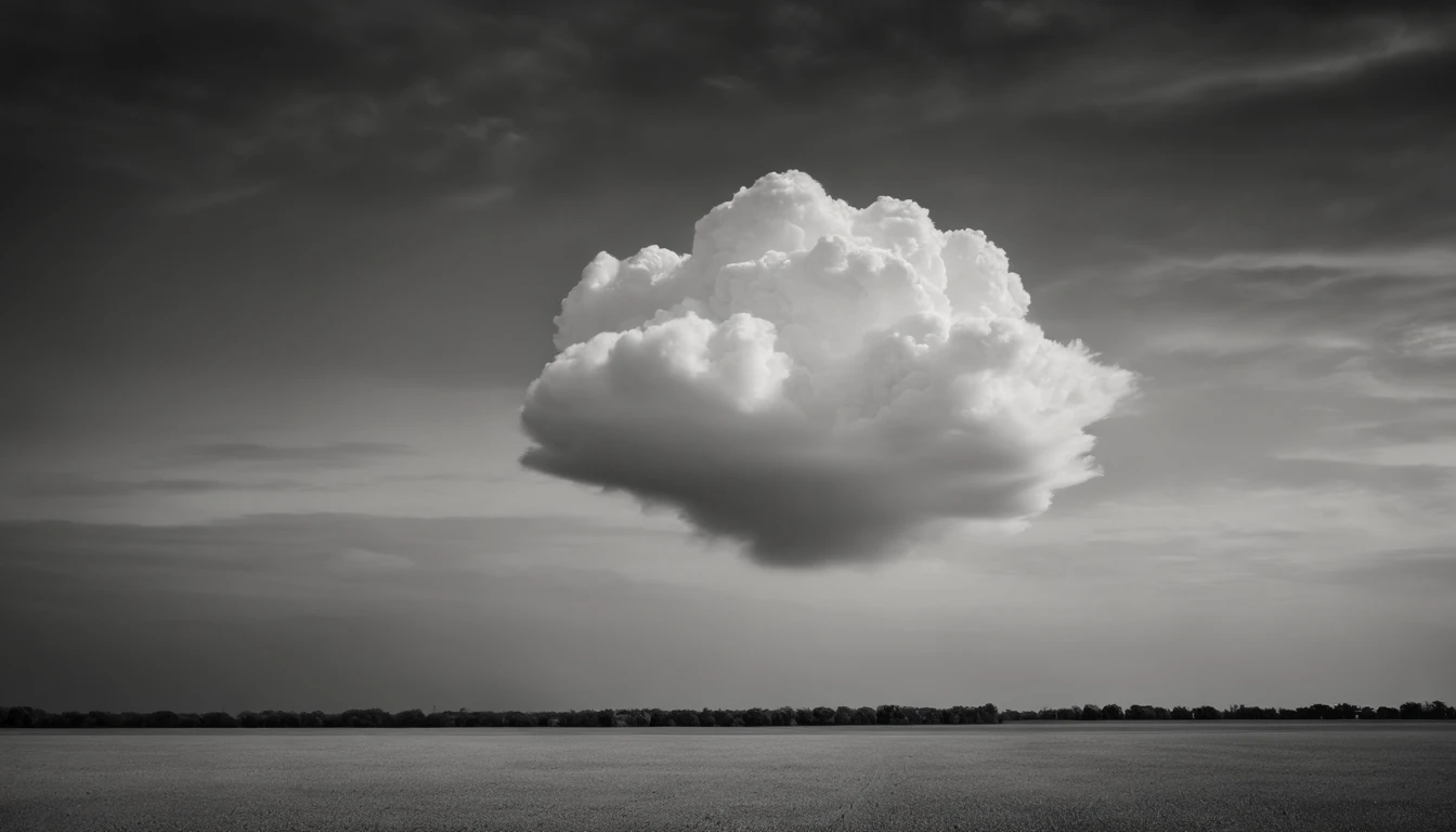 a minimalistic shot of a solitary cumulus nimbus cloud against a plain, monochromatic background, emphasizing its beauty and simplicity