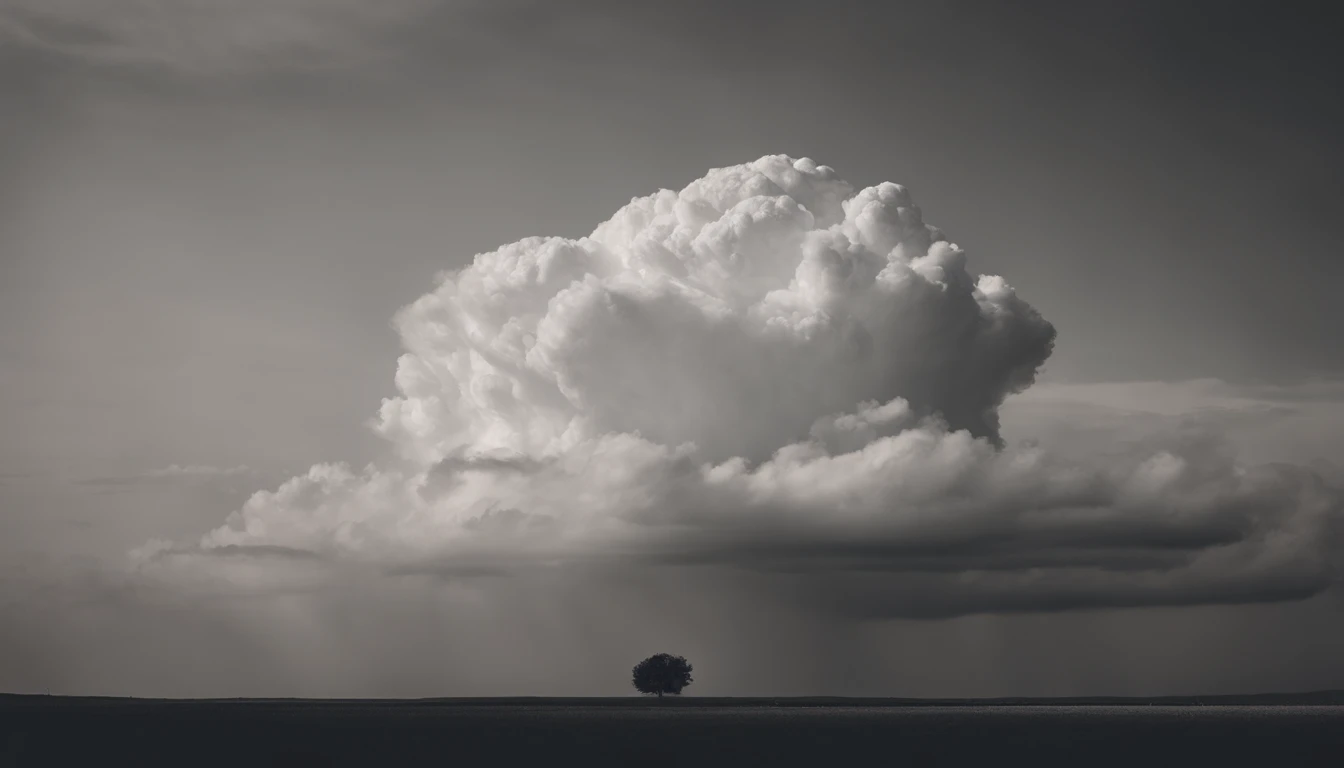 a minimalistic shot of a solitary cumulus nimbus cloud against a plain, monochromatic background, emphasizing its beauty and simplicity