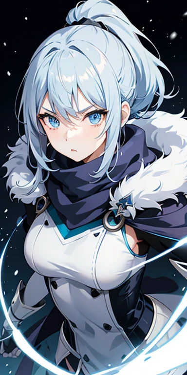 anime girl, blue eyes, fierce expression, very short sky blue hair, pointy ponytail, modern mage attire, grey scarf, winter magic, ice witch magic